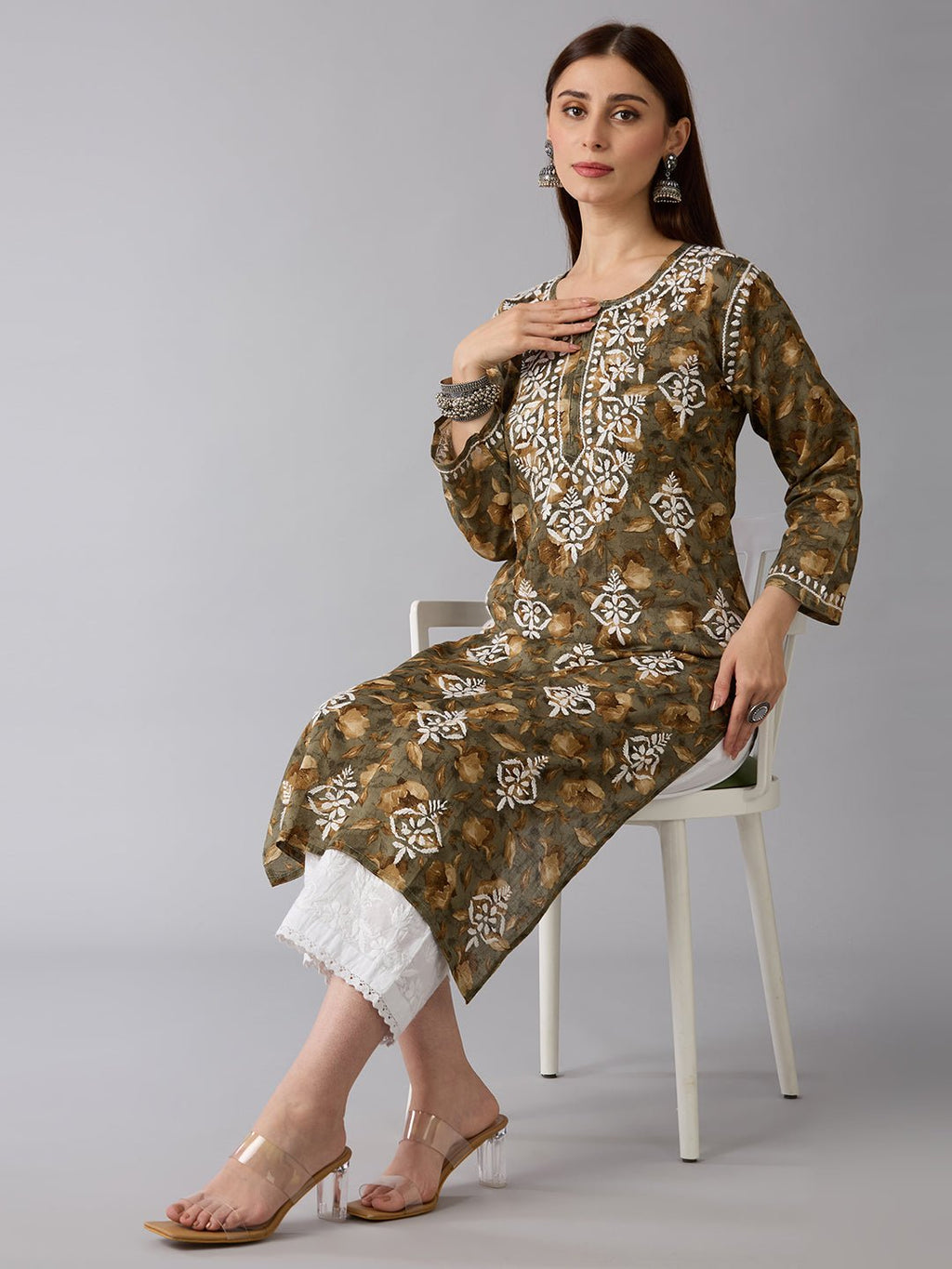 Lucknow Chikankari Hand Embroidered Long Kurta Mulmul - Indiankala4u
