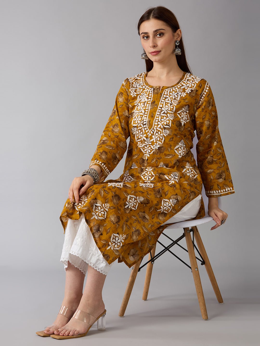 Lucknow Chikankari Hand Embroidered Long Kurta Mulmul - Indiankala4u