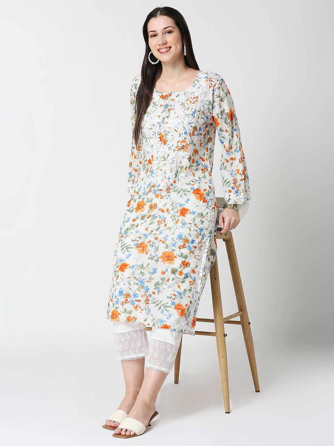 Lucknow Chikankari Hand Embroidered Long Kurta Mulmul - Indiankala4u