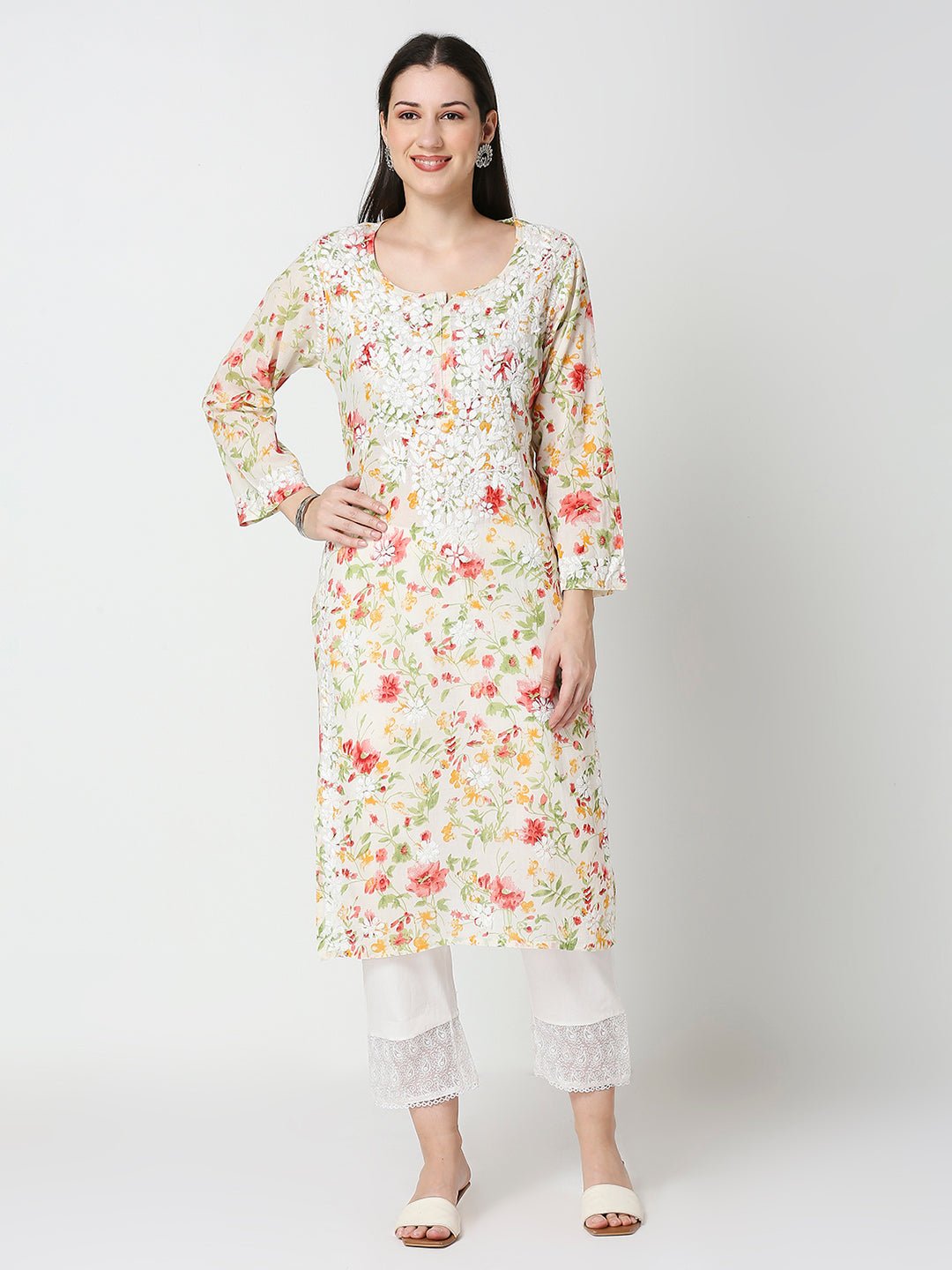 Lucknow Chikankari Hand Embroidered Long Kurta Mulmul - Indiankala4u
