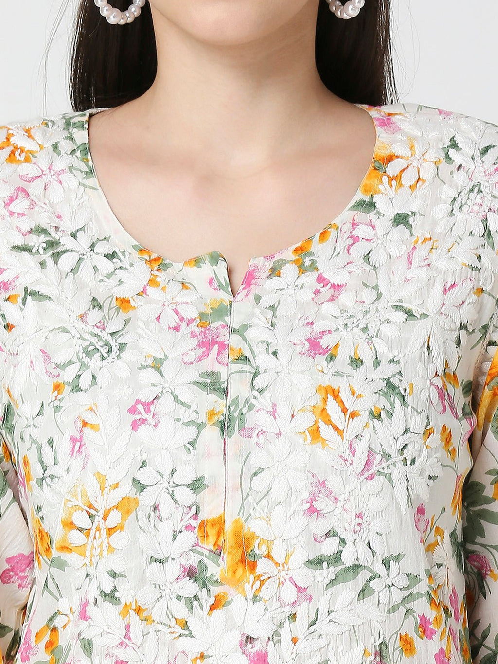 Lucknow Chikankari Hand Embroidered Long Kurta Mulmul - Indiankala4u