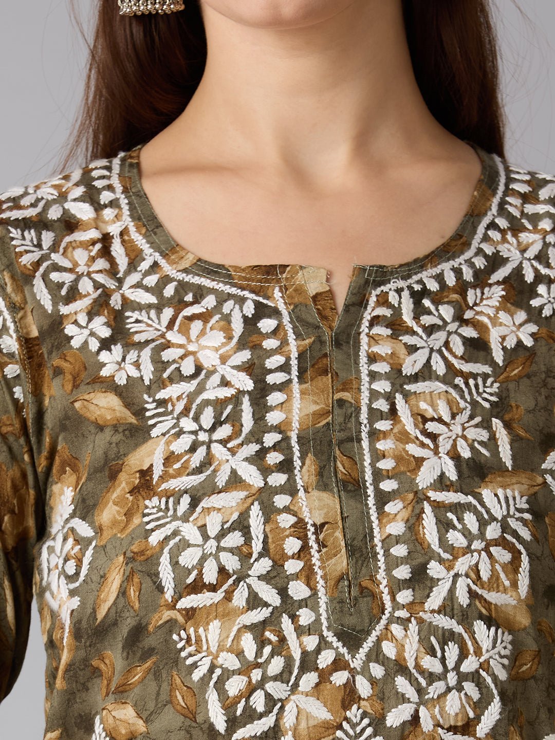 Lucknow Chikankari Hand Embroidered Long Kurta Mulmul - Indiankala4u