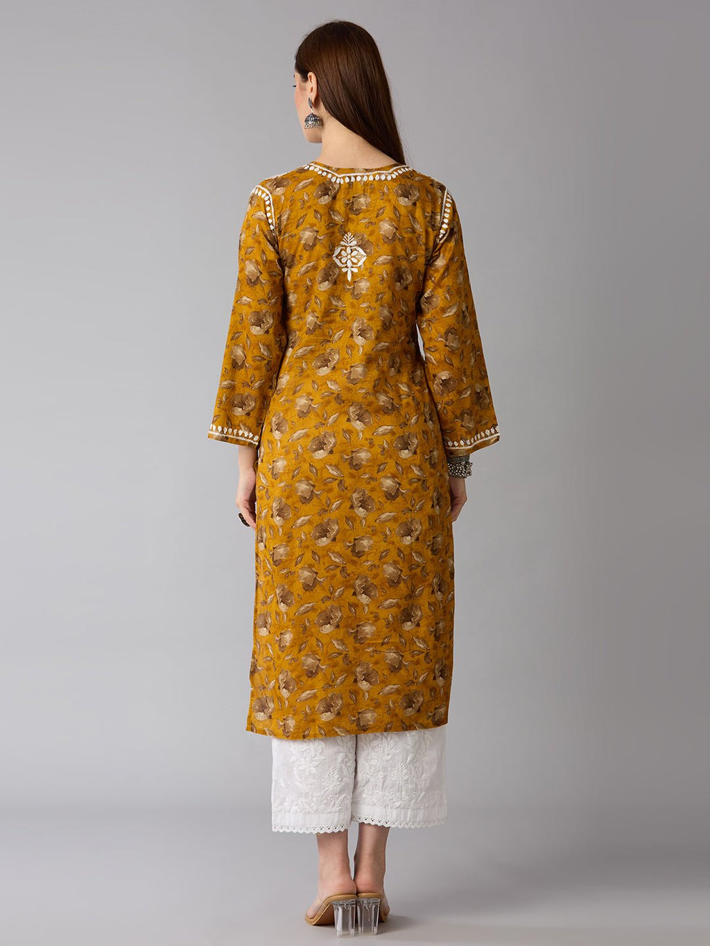 Lucknow Chikankari Hand Embroidered Long Kurta Mulmul - Indiankala4u