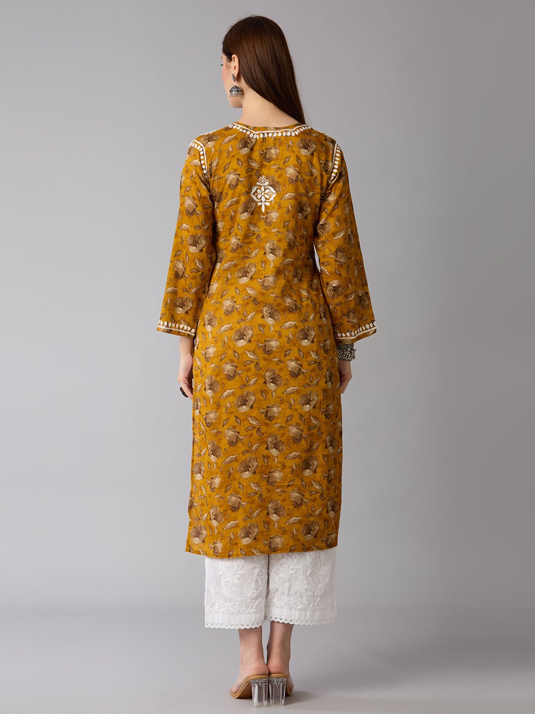 Lucknow Chikankari Hand Embroidered Long Kurta Mulmul - Indiankala4u