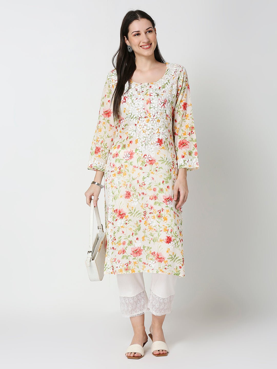 Lucknow Chikankari Hand Embroidered Long Kurta Mulmul - Indiankala4u