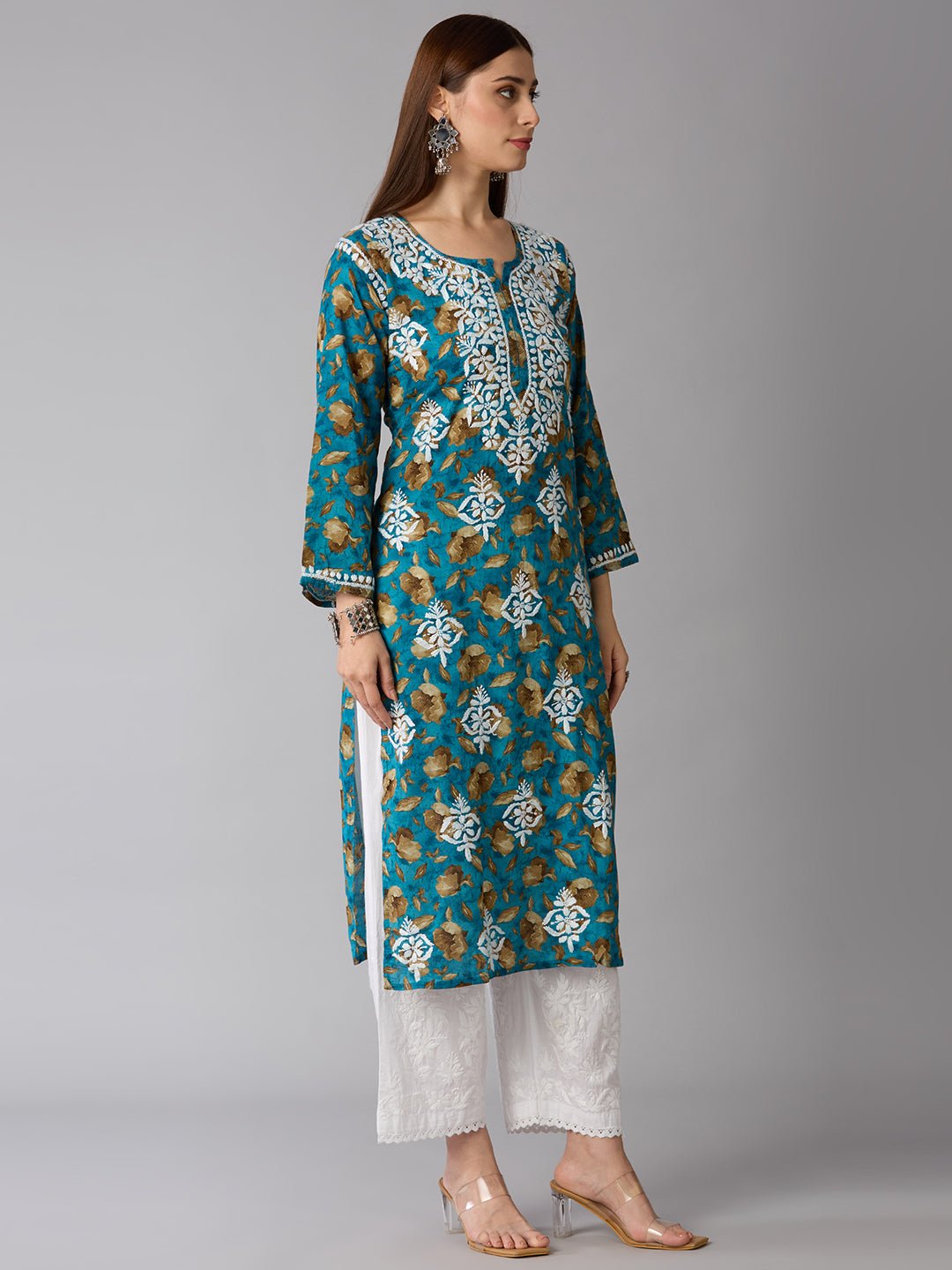 Lucknow Chikankari Hand Embroidered Long Kurta Mulmul - Indiankala4u