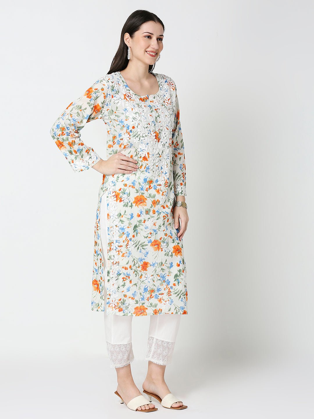 Lucknow Chikankari Hand Embroidered Long Kurta Mulmul - Indiankala4u