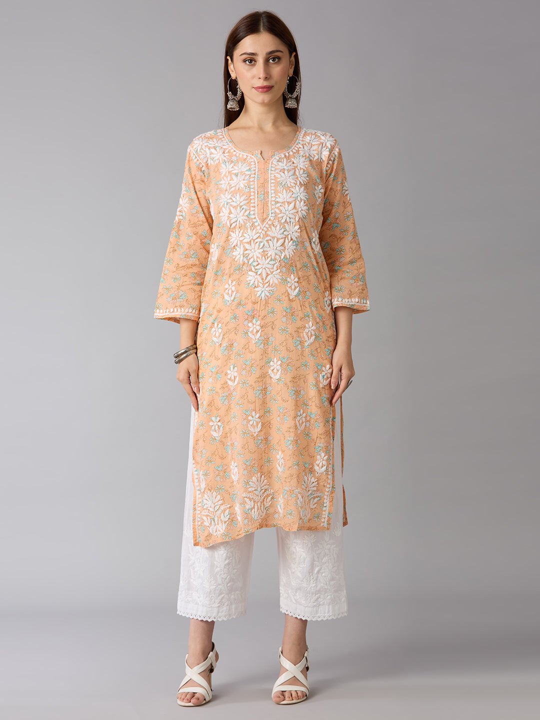 Lucknow Chikankari Hand Embroidered Long Kurta Mulmul Cotton - Indiankala4u