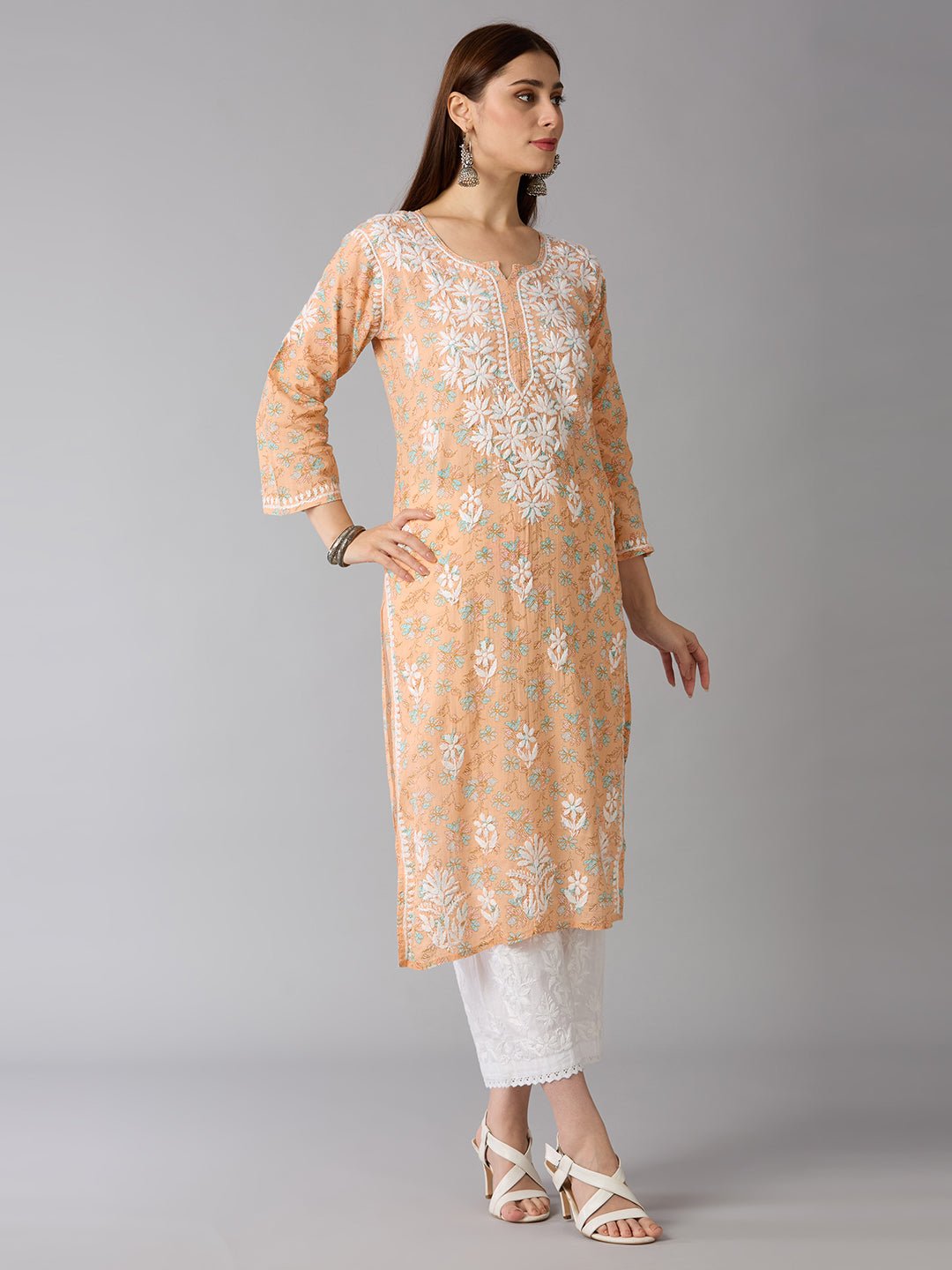Lucknow Chikankari Hand Embroidered Long Kurta Mulmul Cotton - Indiankala4u