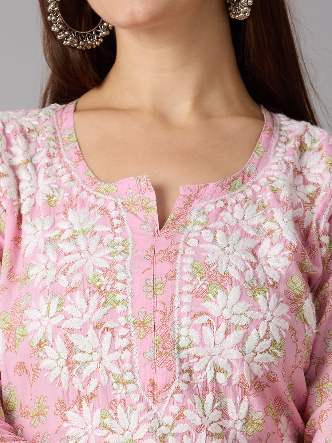 Lucknow Chikankari Hand Embroidered Long Kurta Mulmul Cotton - Indiankala4u