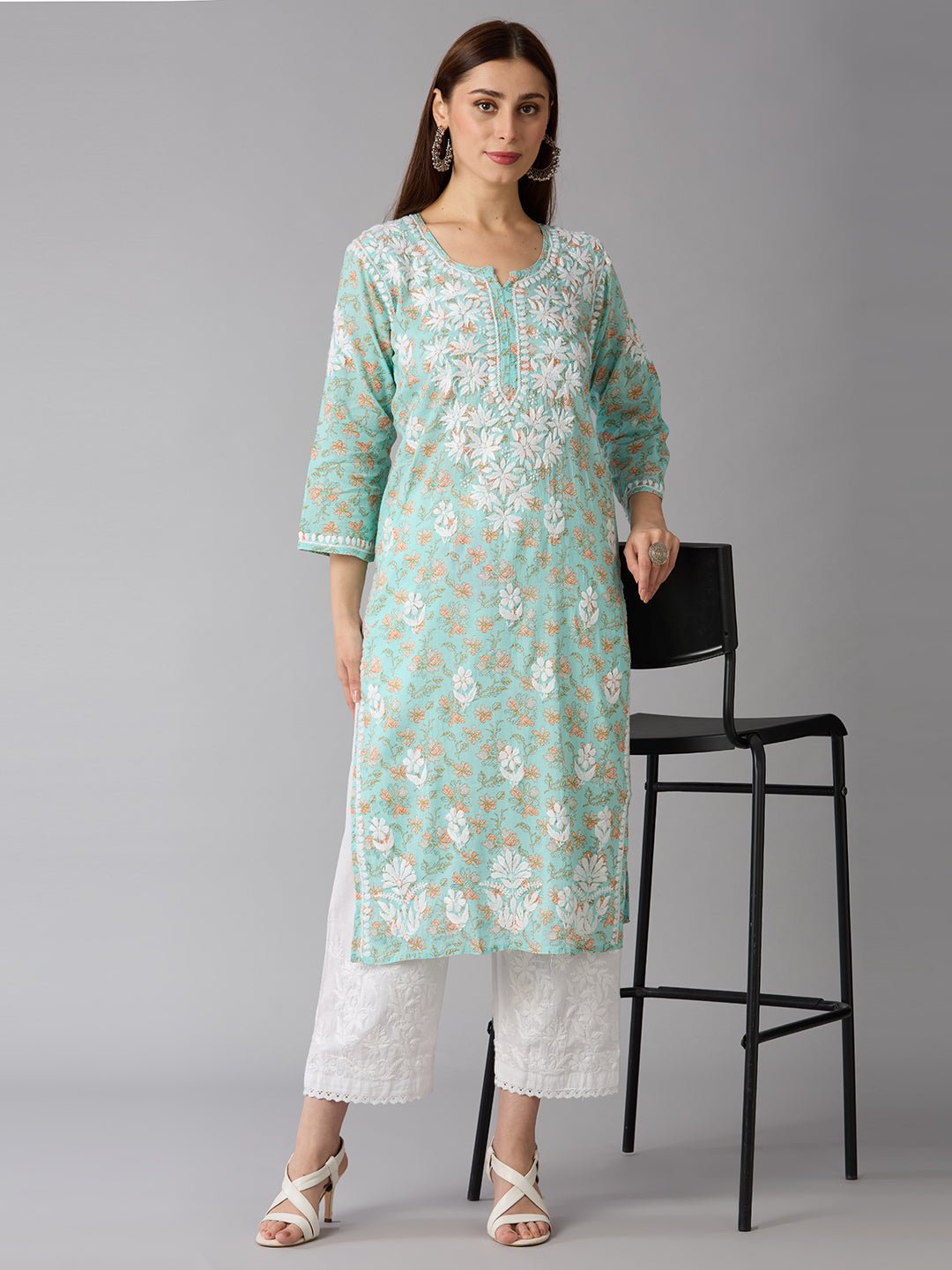 Lucknow Chikankari Hand Embroidered Long Kurta Mulmul Cotton - Indiankala4u