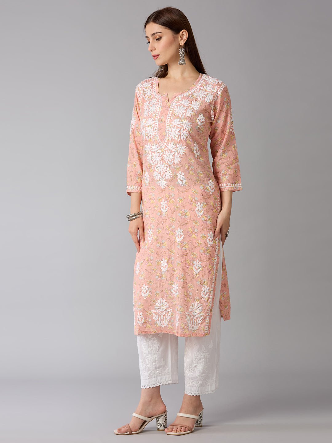 Lucknow Chikankari Hand Embroidered Long Kurta Mulmul Cotton - Indiankala4u