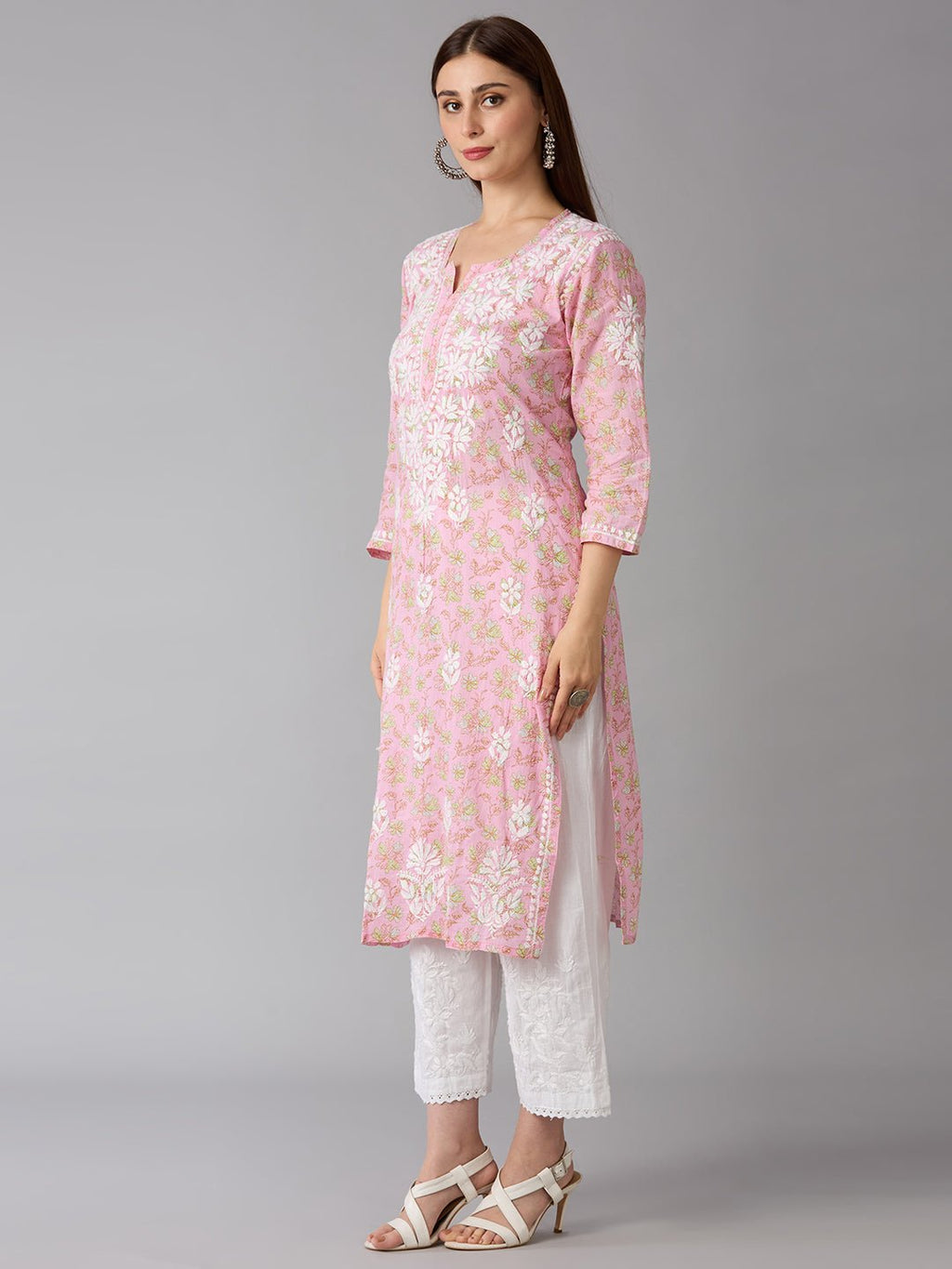 Lucknow Chikankari Hand Embroidered Long Kurta Mulmul Cotton - Indiankala4u