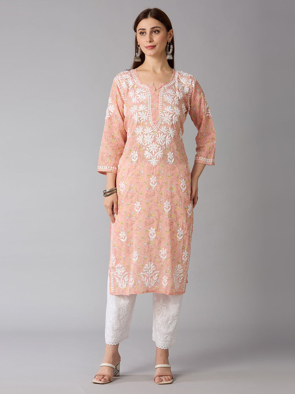 Lucknow Chikankari Hand Embroidered Long Kurta Mulmul Cotton - Indiankala4u