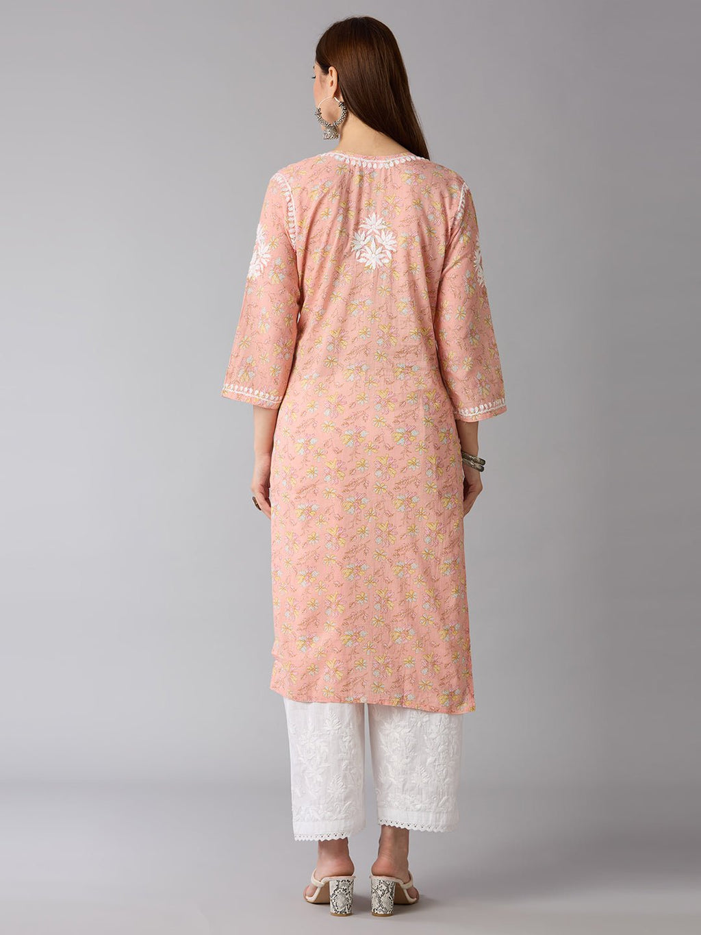 Lucknow Chikankari Hand Embroidered Long Kurta Mulmul Cotton - Indiankala4u