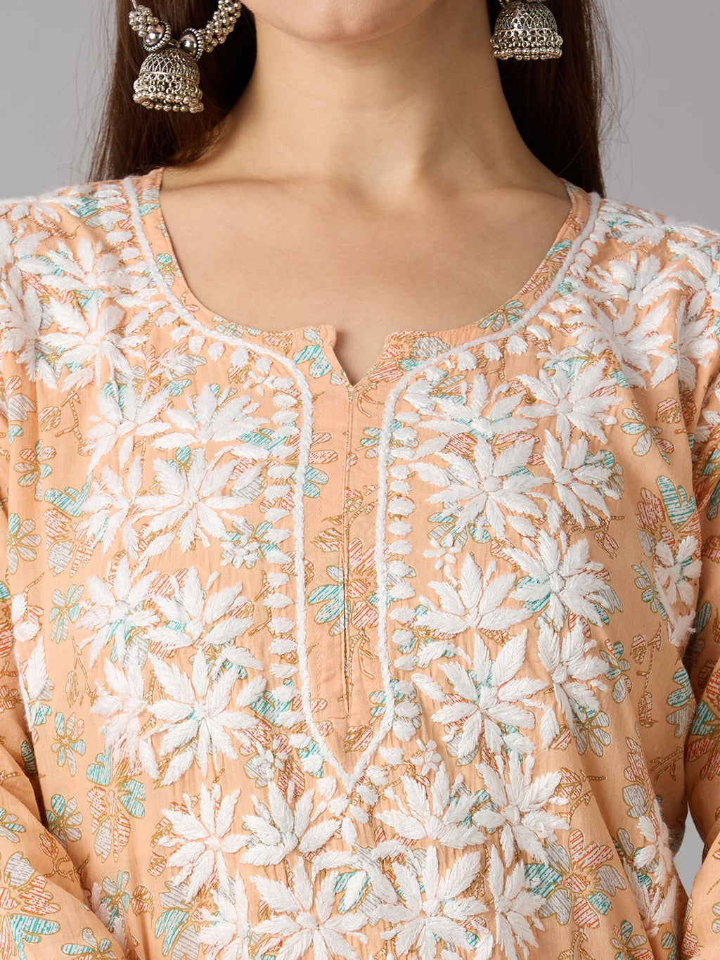 Lucknow Chikankari Hand Embroidered Long Kurta Mulmul Cotton - Indiankala4u