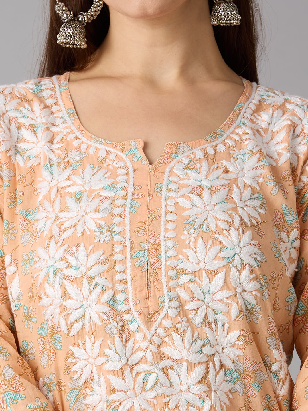 Lucknow Chikankari Hand Embroidered Long Kurta Mulmul Cotton - Indiankala4u