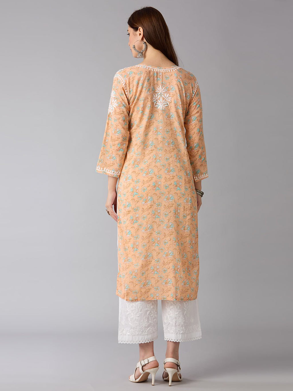 Lucknow Chikankari Hand Embroidered Long Kurta Mulmul Cotton - Indiankala4u