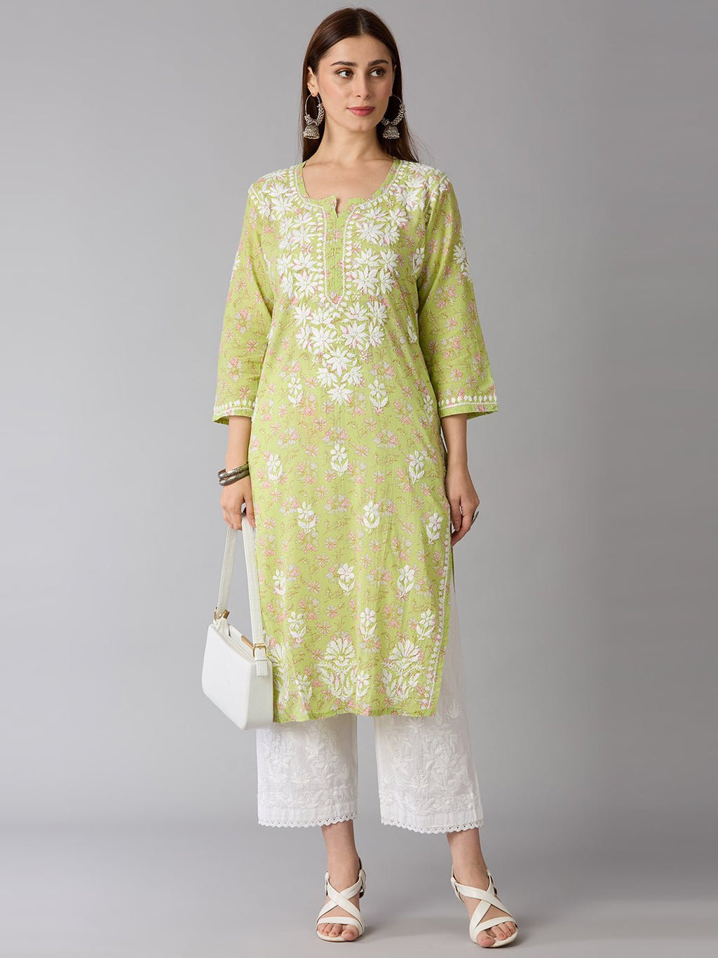 Lucknow Chikankari Hand Embroidered Long Kurta Mulmul Cotton - Indiankala4u
