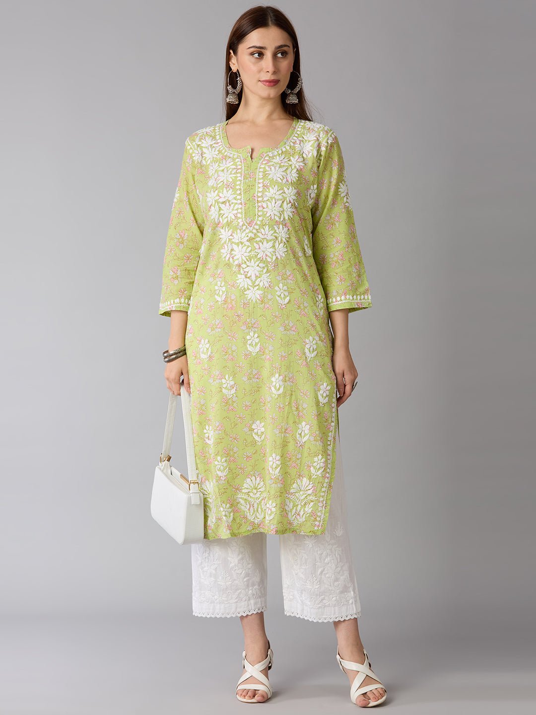 Lucknow Chikankari Hand Embroidered Long Kurta Mulmul Cotton - Indiankala4u