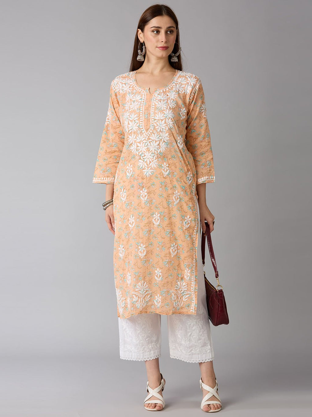 Lucknow Chikankari Hand Embroidered Long Kurta Mulmul Cotton - Indiankala4u