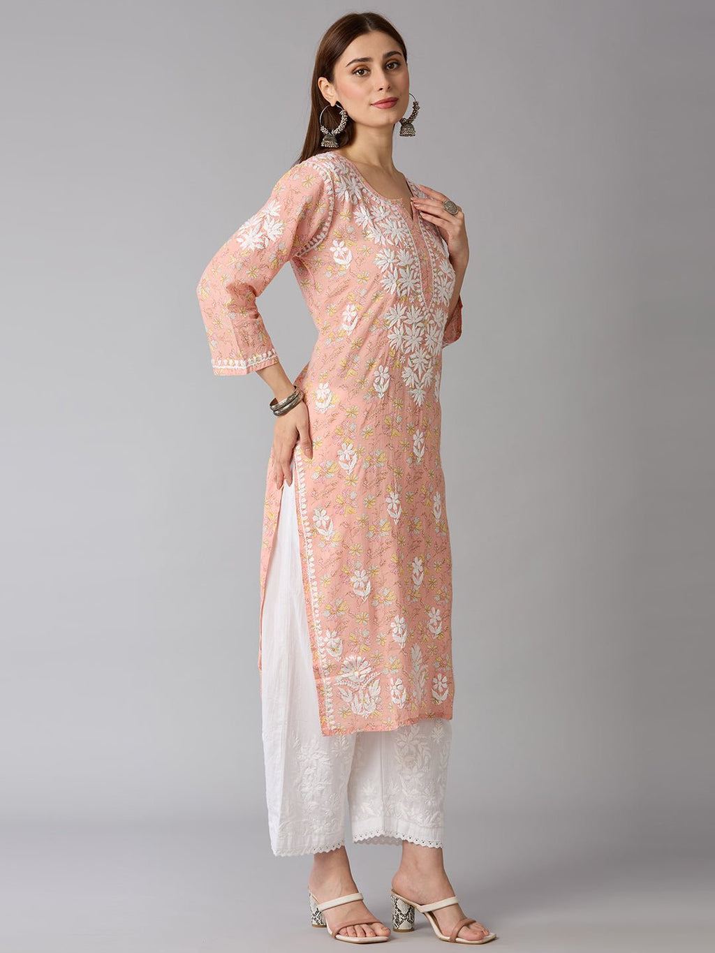 Lucknow Chikankari Hand Embroidered Long Kurta Mulmul Cotton - Indiankala4u