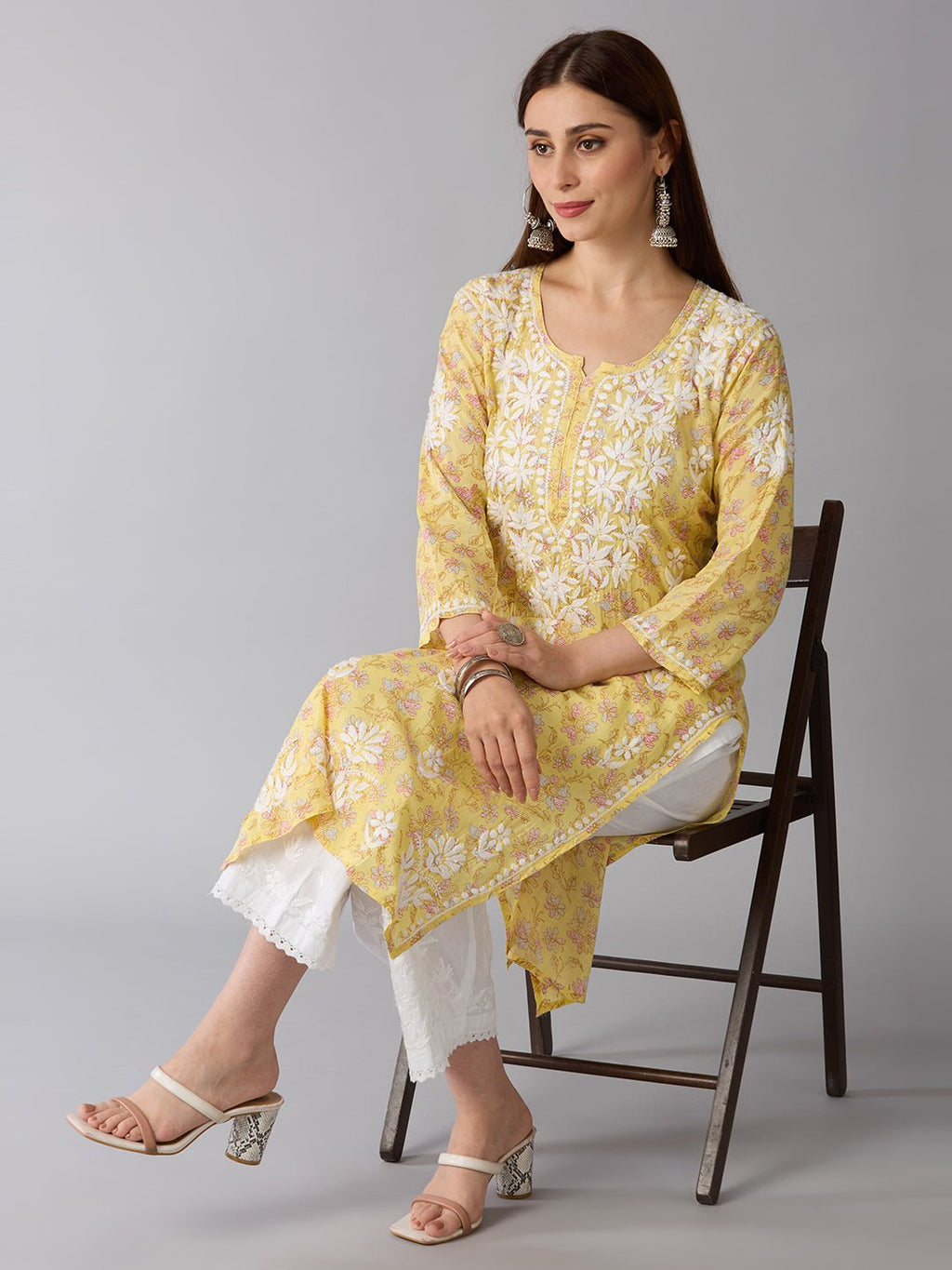 Lucknow Chikankari Hand Embroidered Long Kurta Mulmul Cotton - Indiankala4u