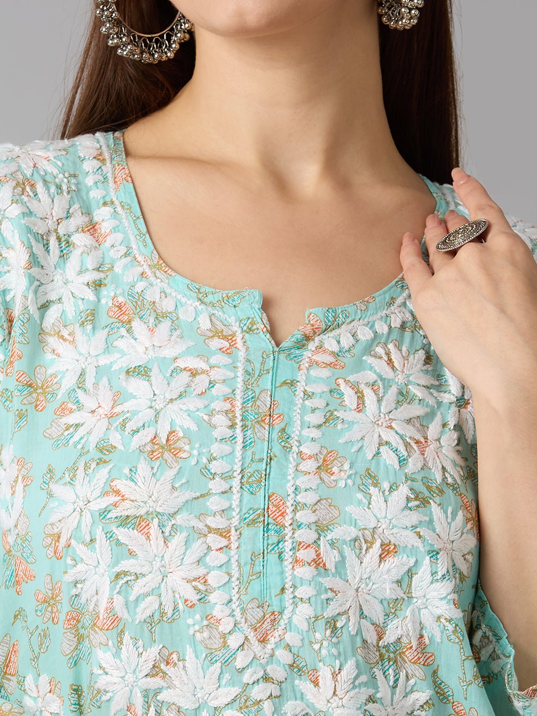 Lucknow Chikankari Hand Embroidered Long Kurta Mulmul Cotton - Indiankala4u