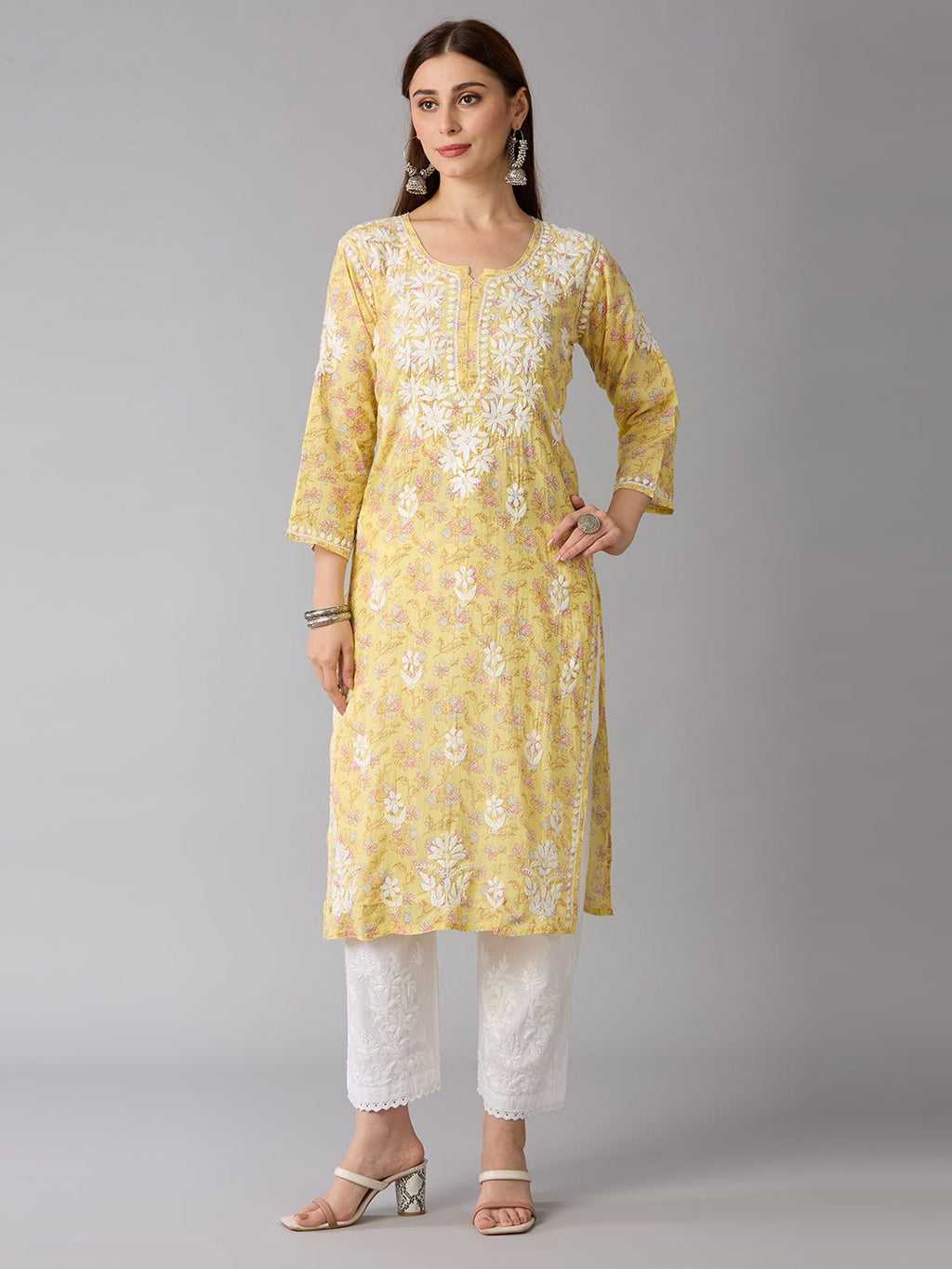Lucknow Chikankari Hand Embroidered Long Kurta Mulmul Cotton - Indiankala4u