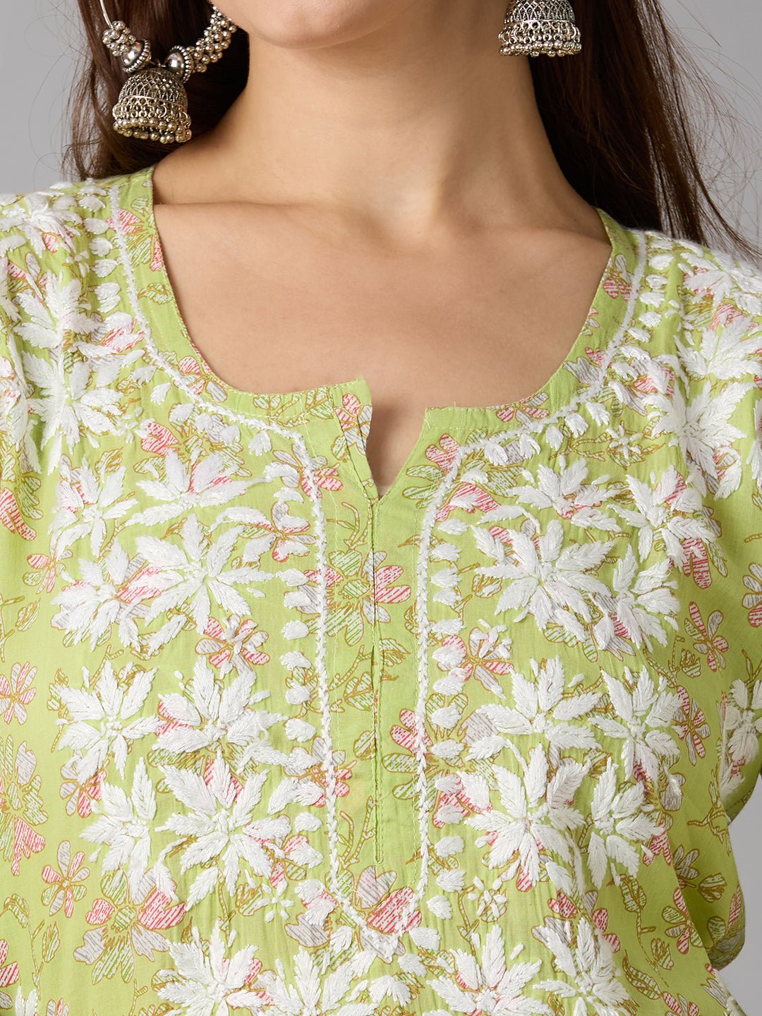 Lucknow Chikankari Hand Embroidered Long Kurta Mulmul Cotton - Indiankala4u