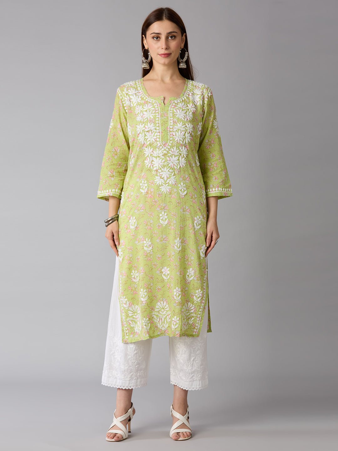 Lucknow Chikankari Hand Embroidered Long Kurta Mulmul Cotton - Indiankala4u