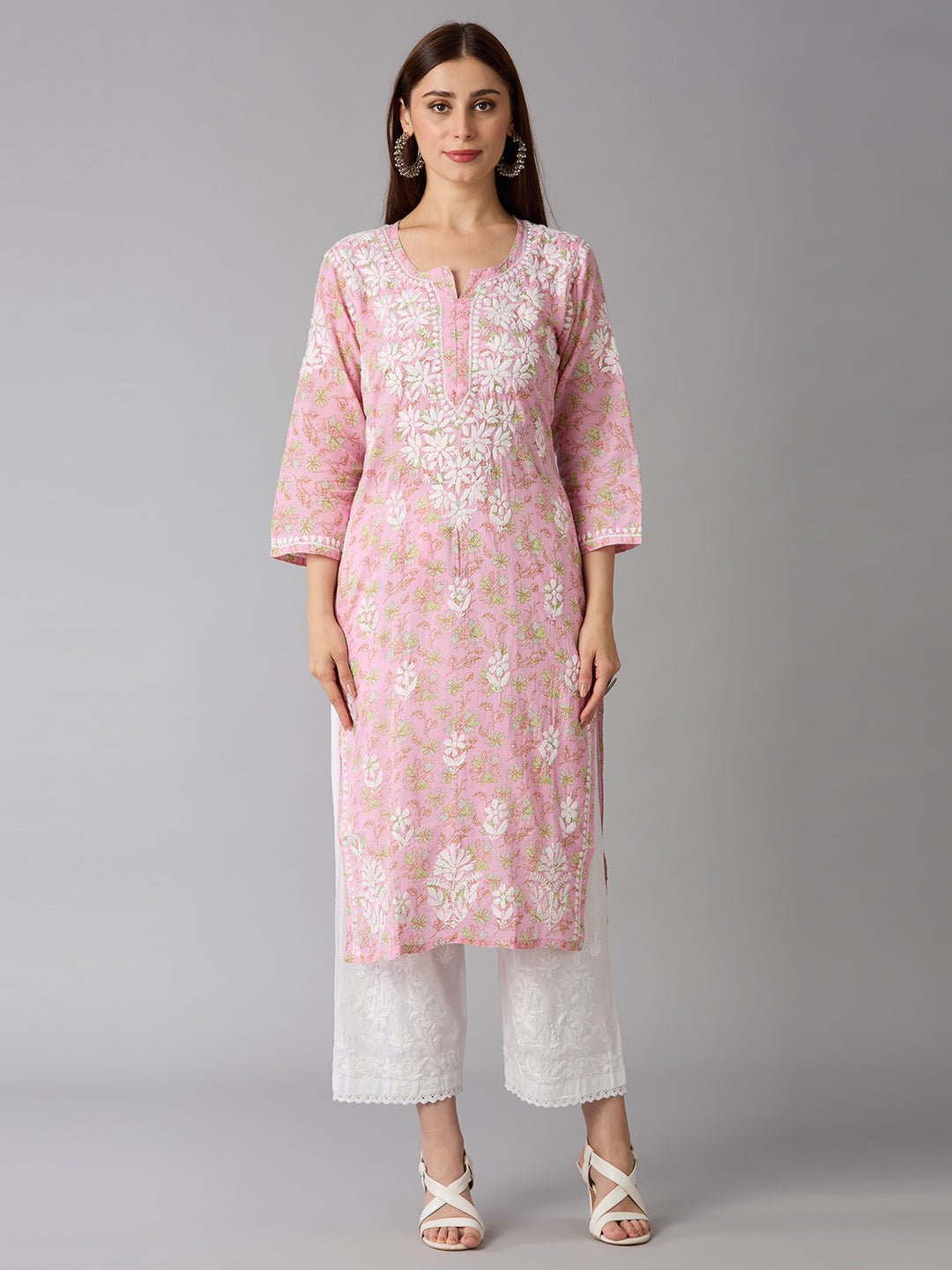 Lucknow Chikankari Hand Embroidered Long Kurta Mulmul Cotton - Indiankala4u