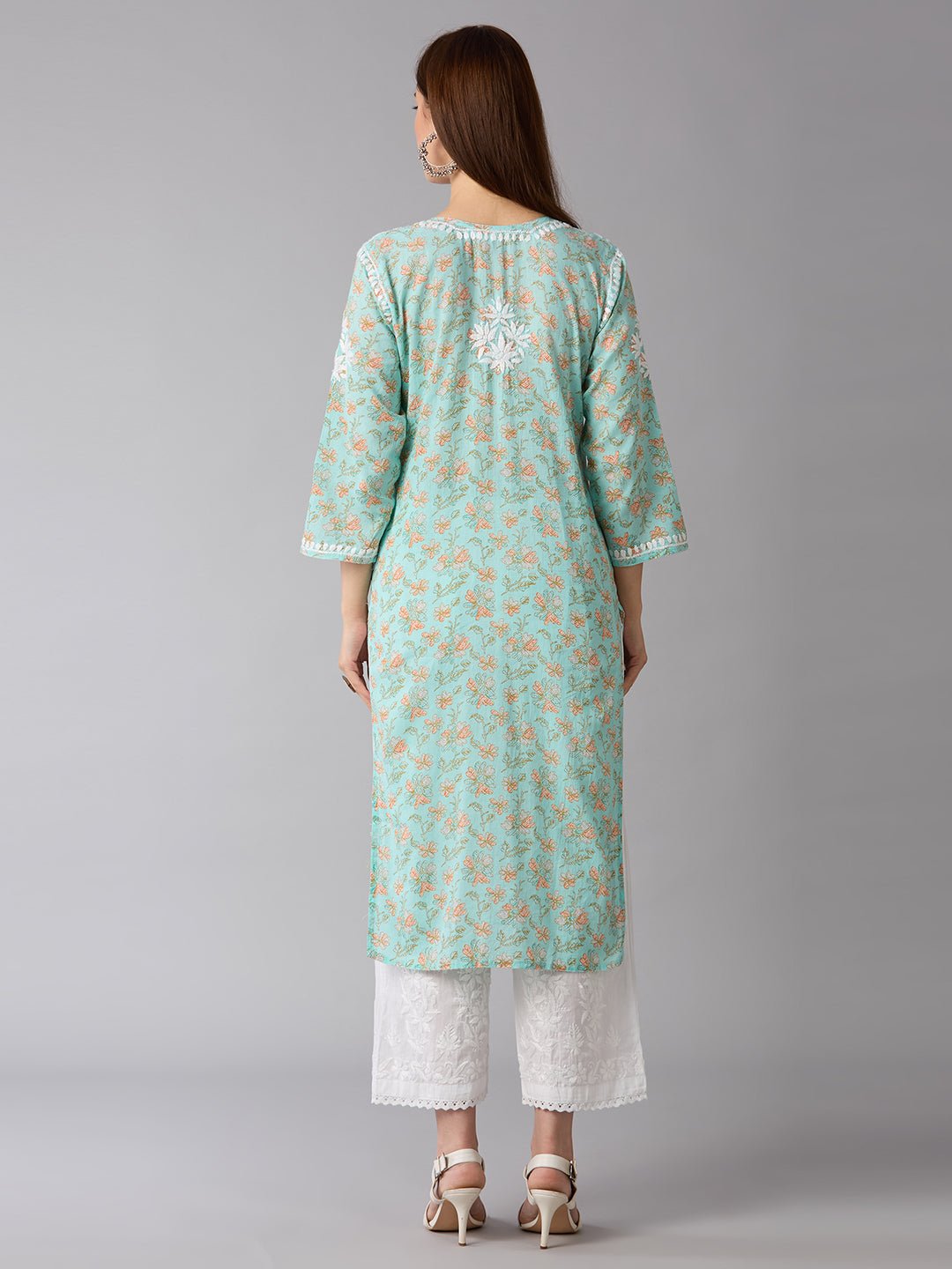 Lucknow Chikankari Hand Embroidered Long Kurta Mulmul Cotton - Indiankala4u