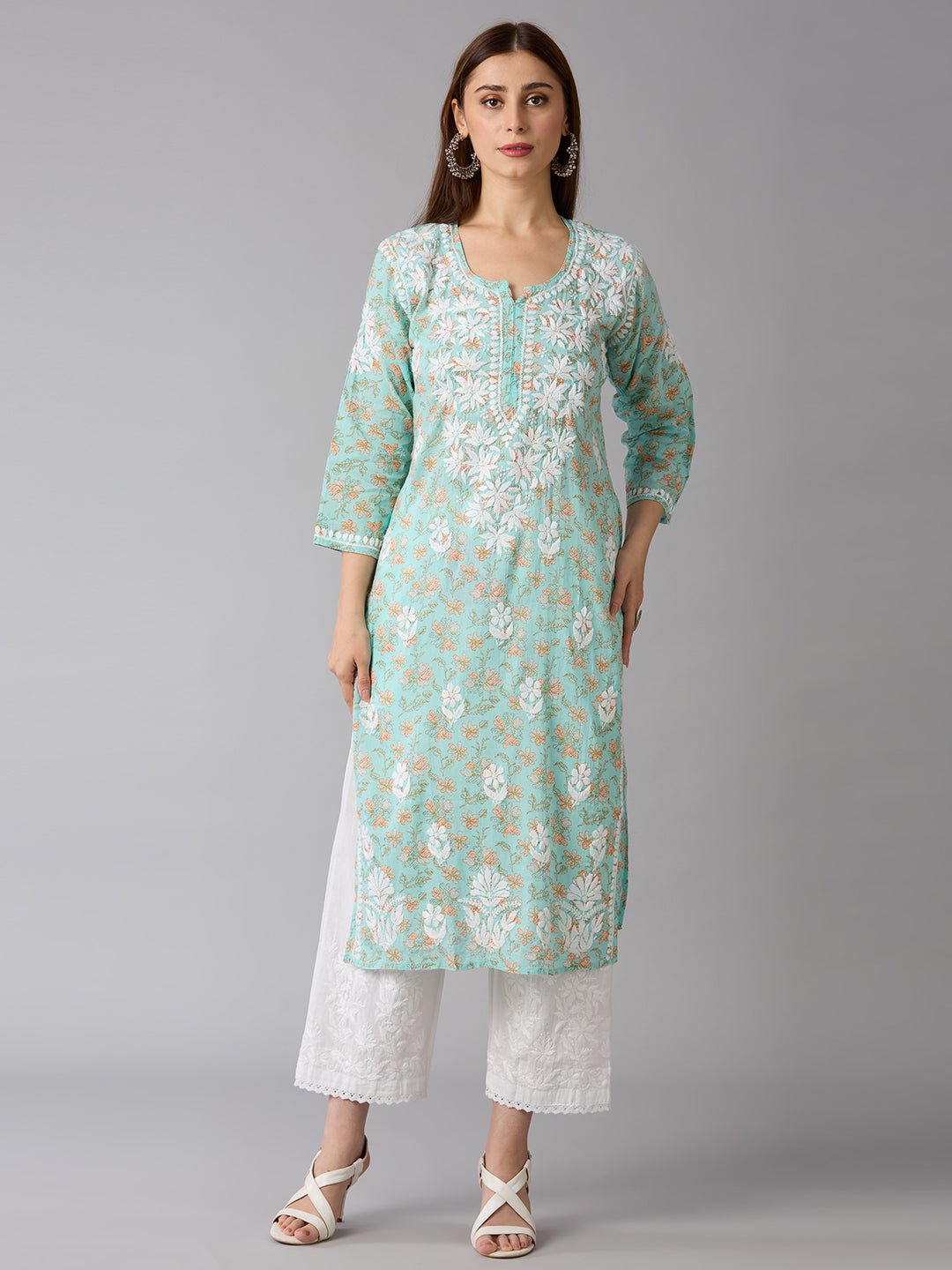 Lucknow Chikankari Hand Embroidered Long Kurta Mulmul Cotton - Indiankala4u