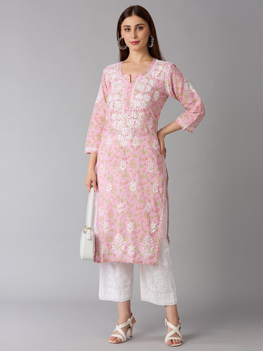 Lucknow Chikankari Hand Embroidered Long Kurta Mulmul Cotton - Indiankala4u