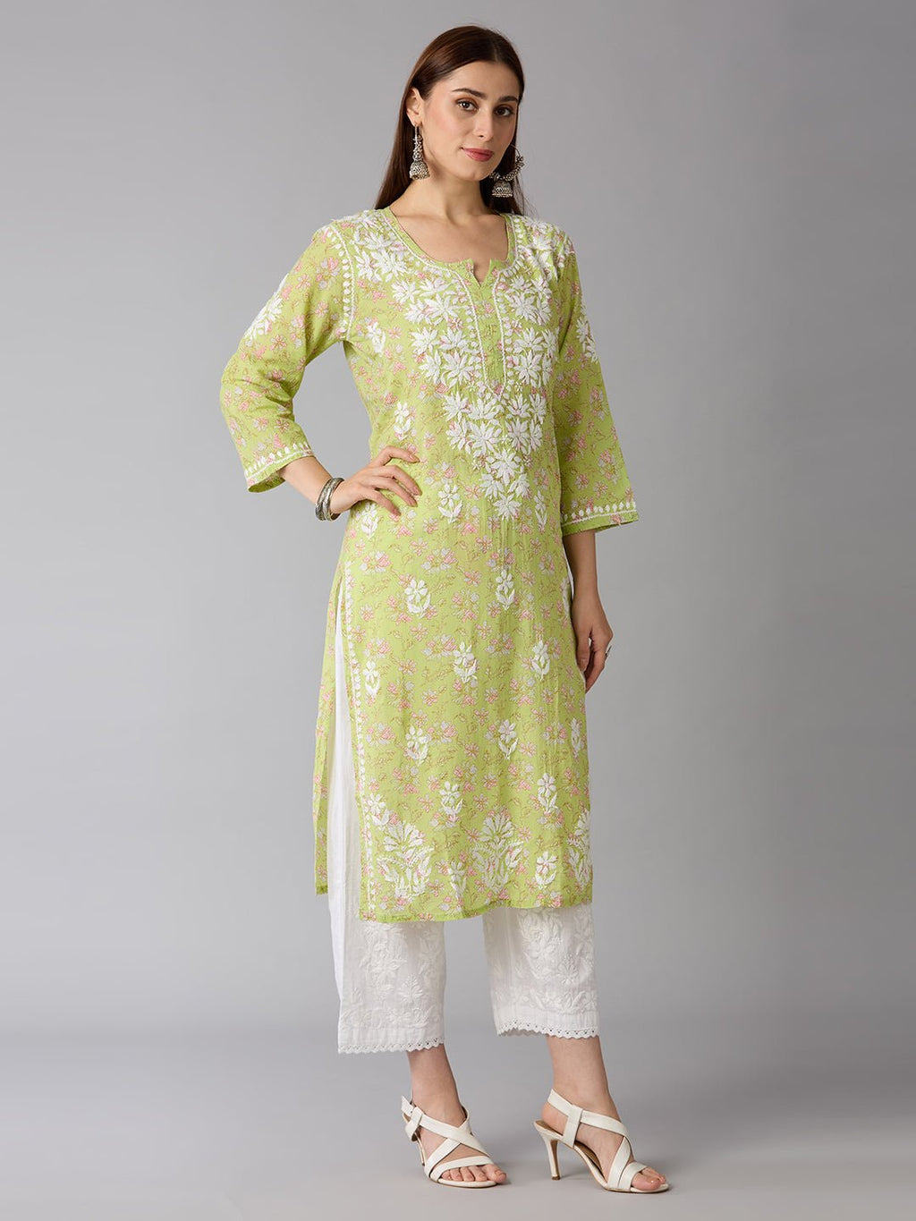 Lucknow Chikankari Hand Embroidered Long Kurta Mulmul Cotton - Indiankala4u
