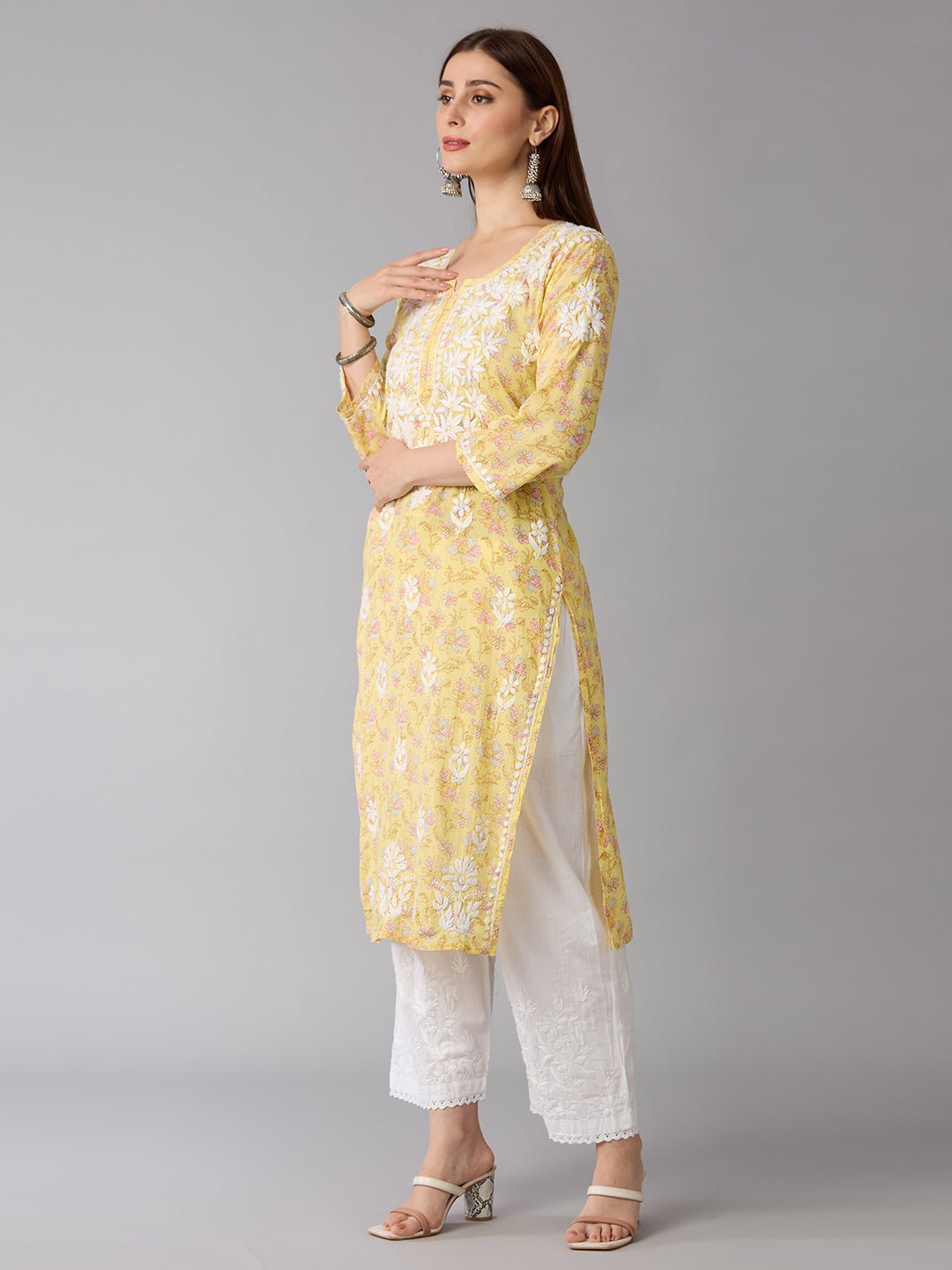 Lucknow Chikankari Hand Embroidered Long Kurta Mulmul Cotton - Indiankala4u