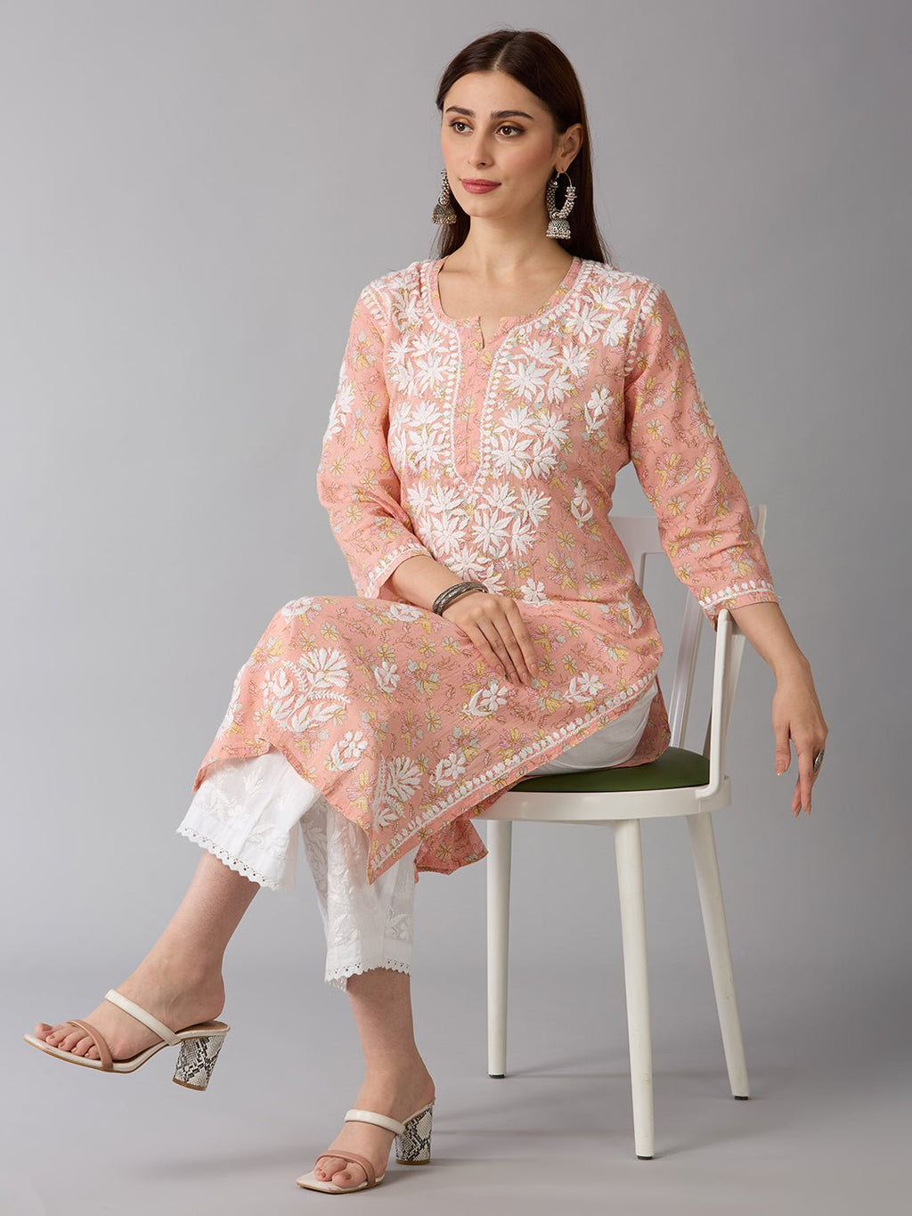 Lucknow Chikankari Hand Embroidered Long Kurta Mulmul Cotton - Indiankala4u