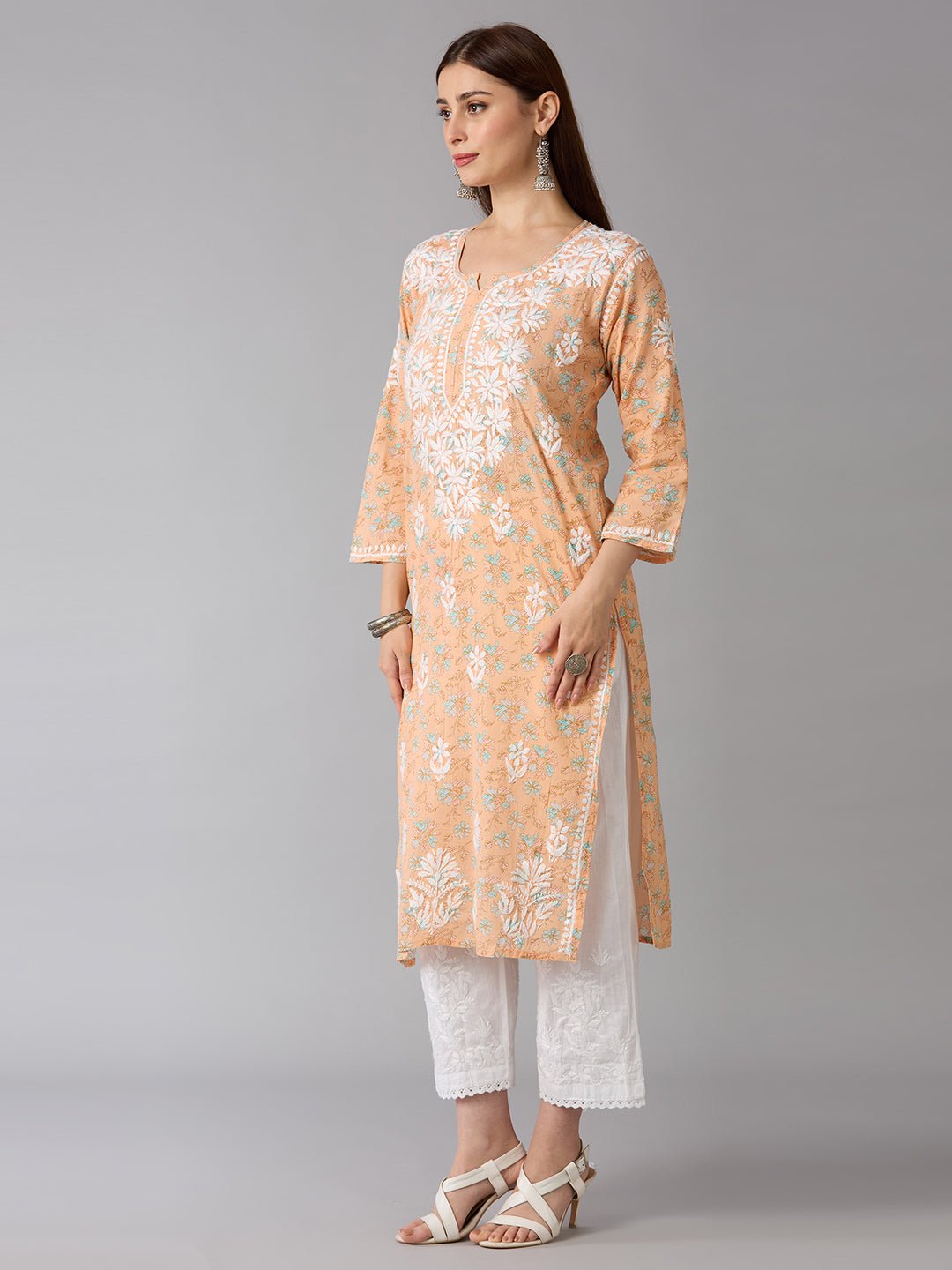 Lucknow Chikankari Hand Embroidered Long Kurta Mulmul Cotton - Indiankala4u