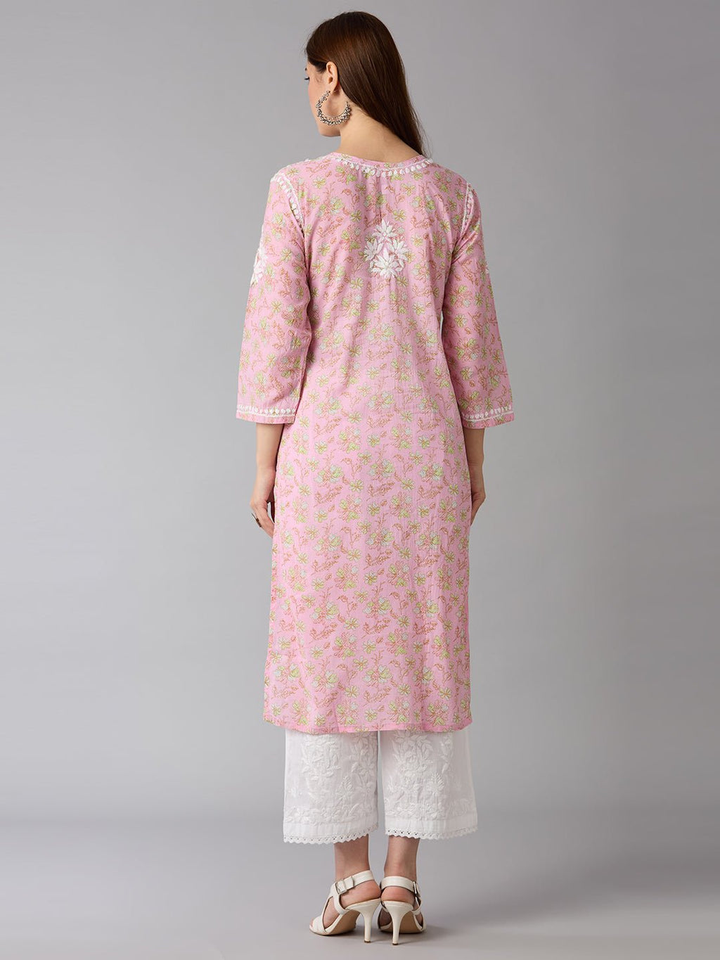Lucknow Chikankari Hand Embroidered Long Kurta Mulmul Cotton - Indiankala4u