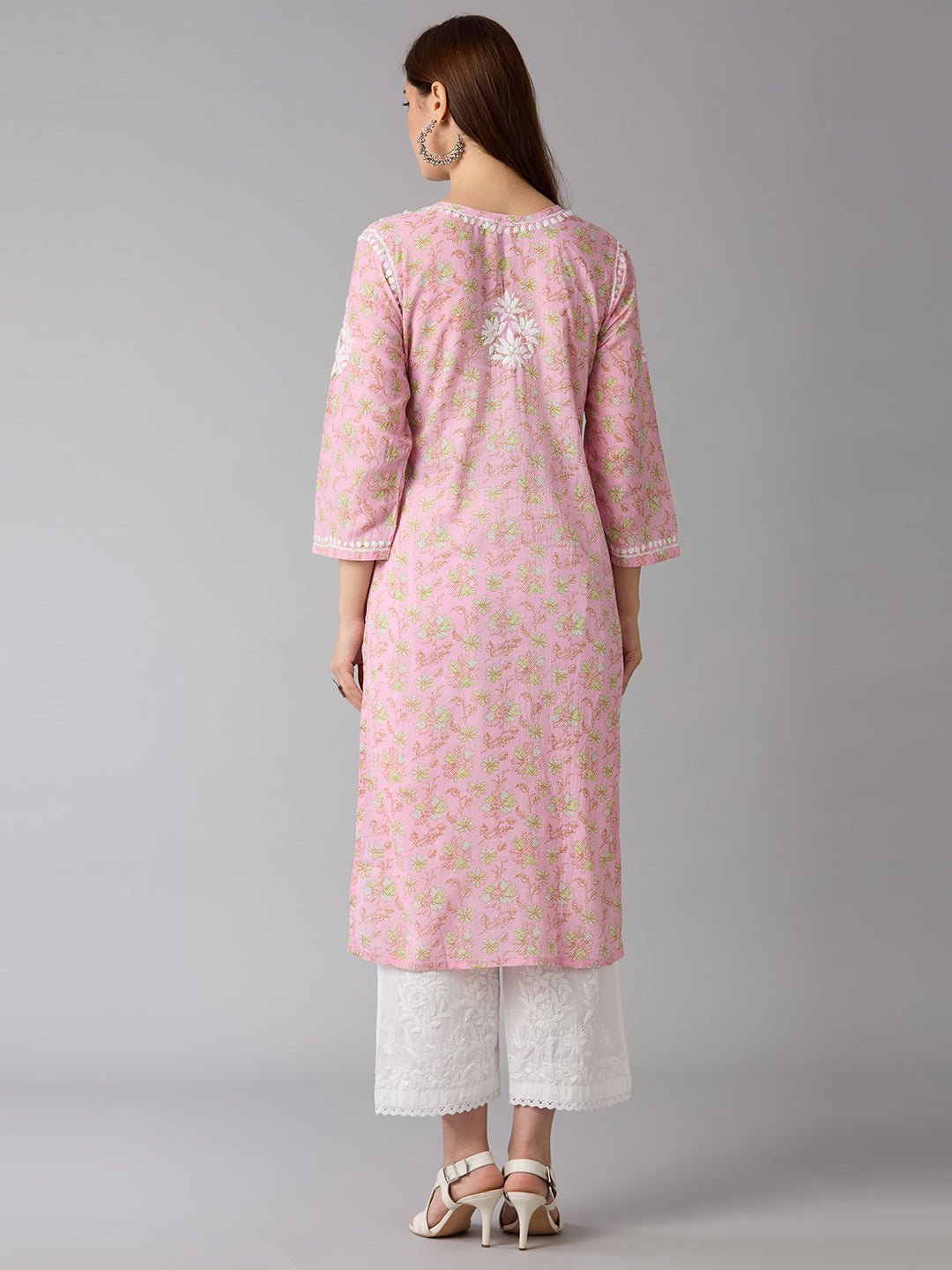Lucknow Chikankari Hand Embroidered Long Kurta Mulmul Cotton - Indiankala4u