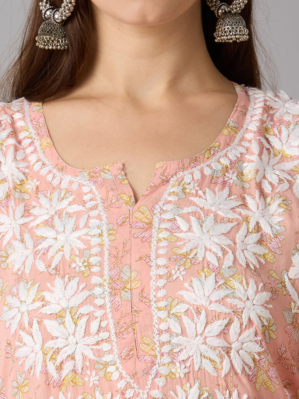 Lucknow Chikankari Hand Embroidered Long Kurta Mulmul Cotton - Indiankala4u