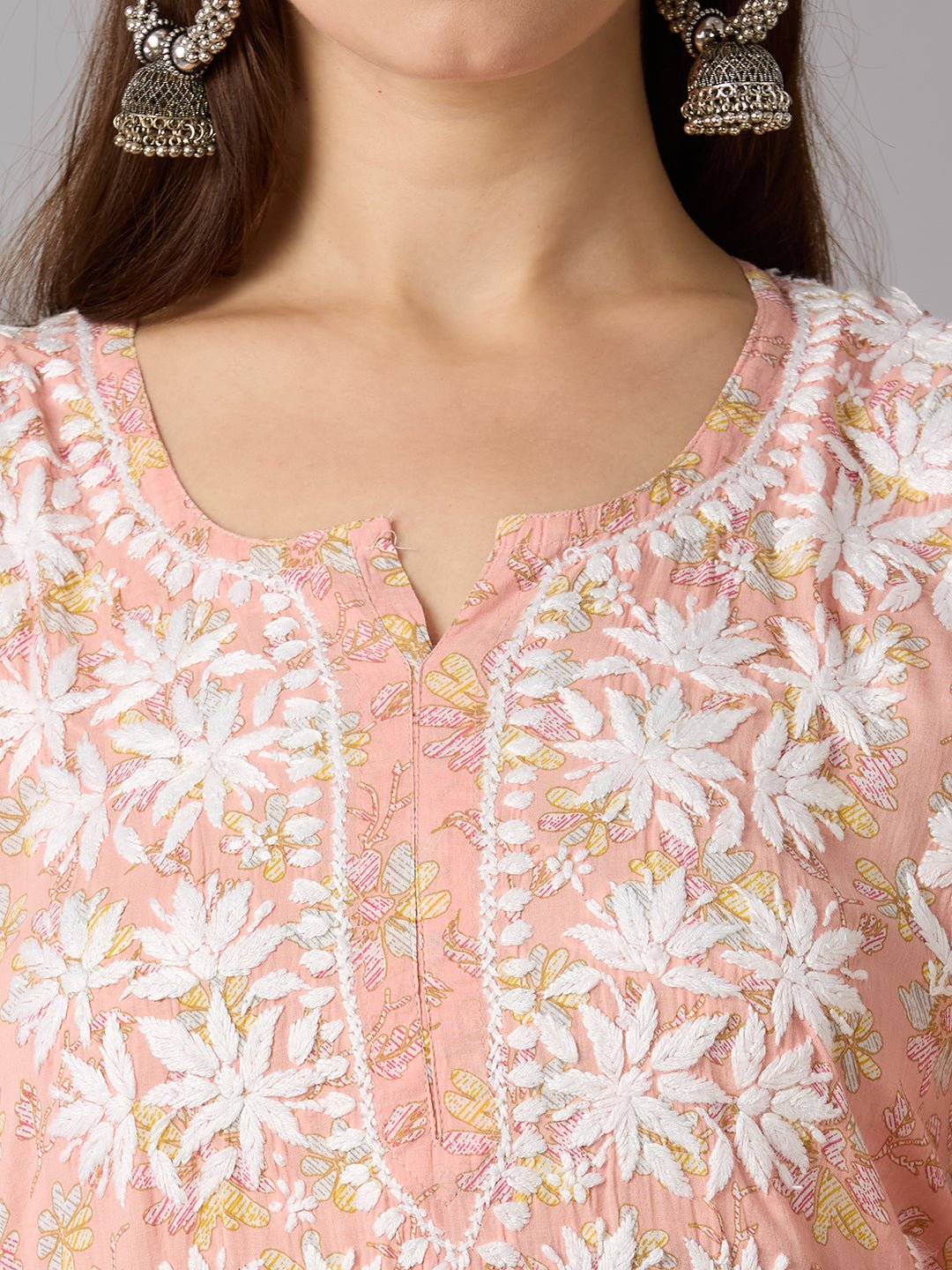 Lucknow Chikankari Hand Embroidered Long Kurta Mulmul Cotton - Indiankala4u