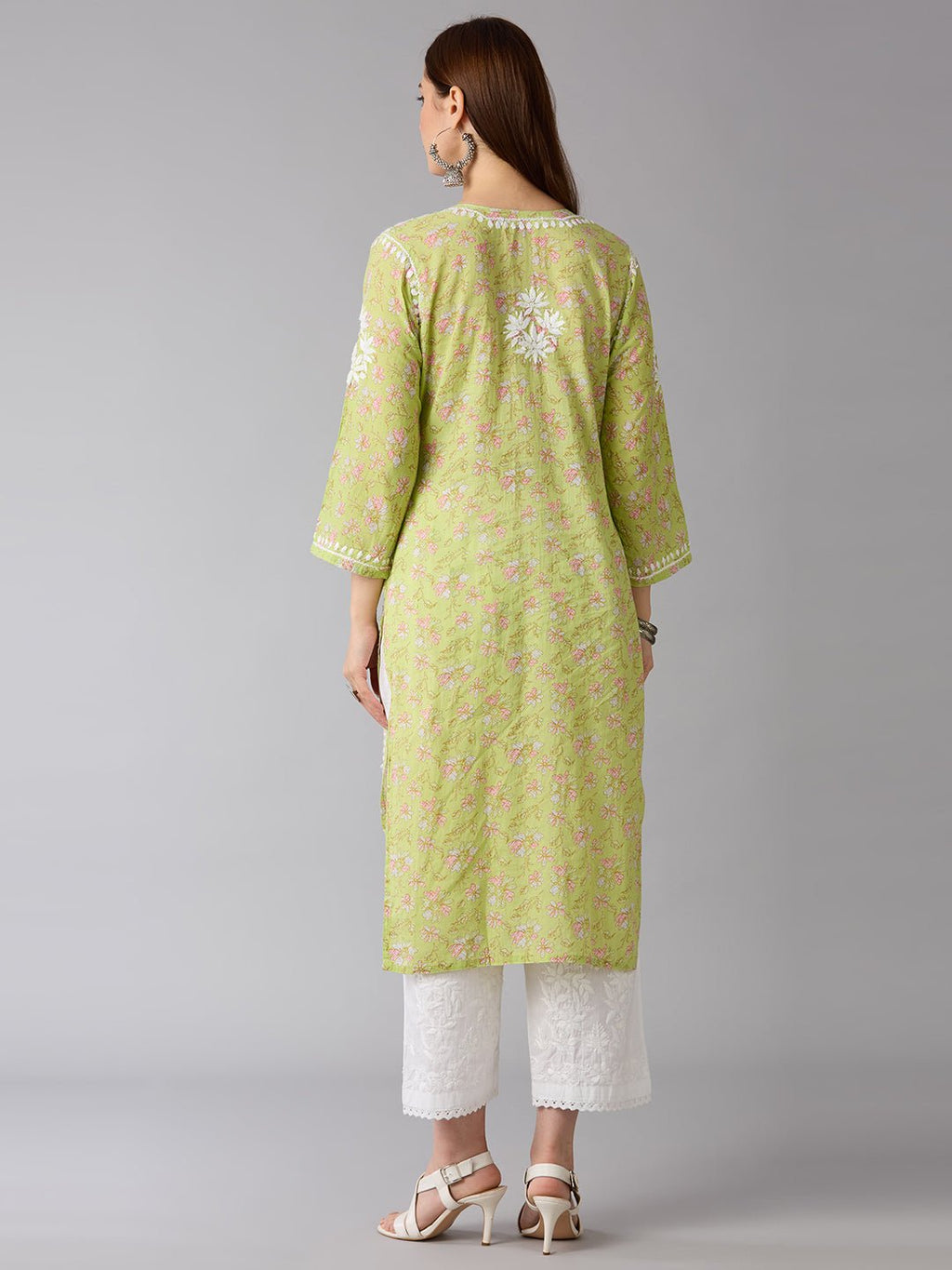Lucknow Chikankari Hand Embroidered Long Kurta Mulmul Cotton - Indiankala4u