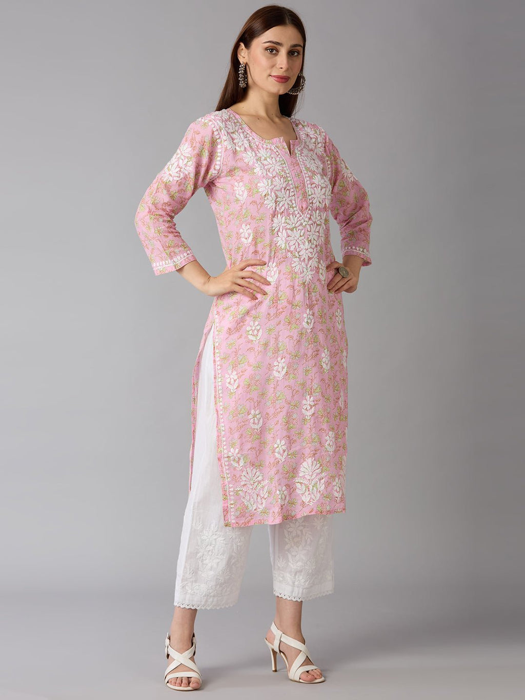Lucknow Chikankari Hand Embroidered Long Kurta Mulmul Cotton - Indiankala4u