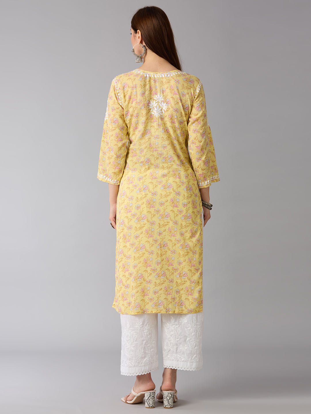 Lucknow Chikankari Hand Embroidered Long Kurta Mulmul Cotton - Indiankala4u