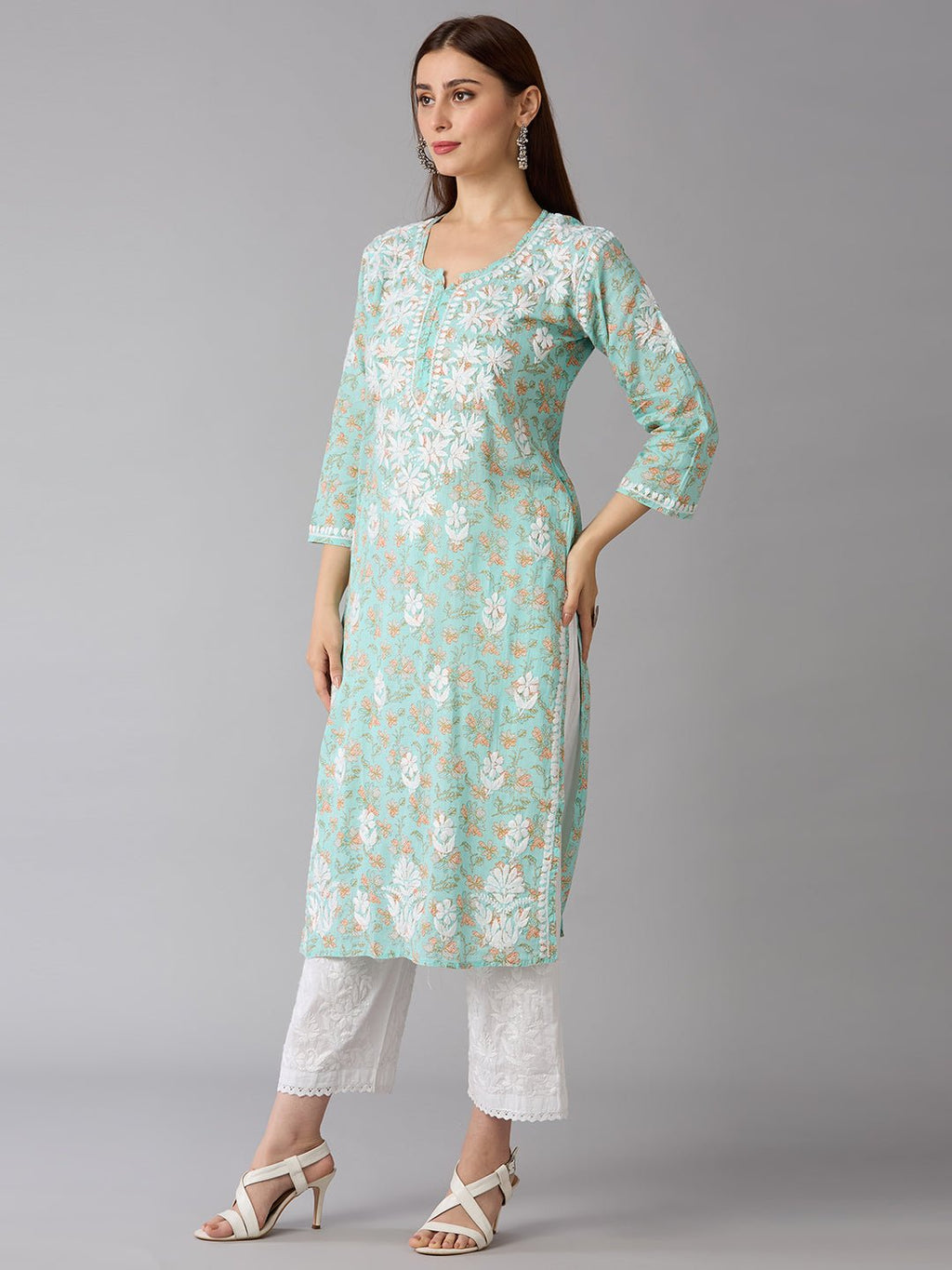 Lucknow Chikankari Hand Embroidered Long Kurta Mulmul Cotton - Indiankala4u