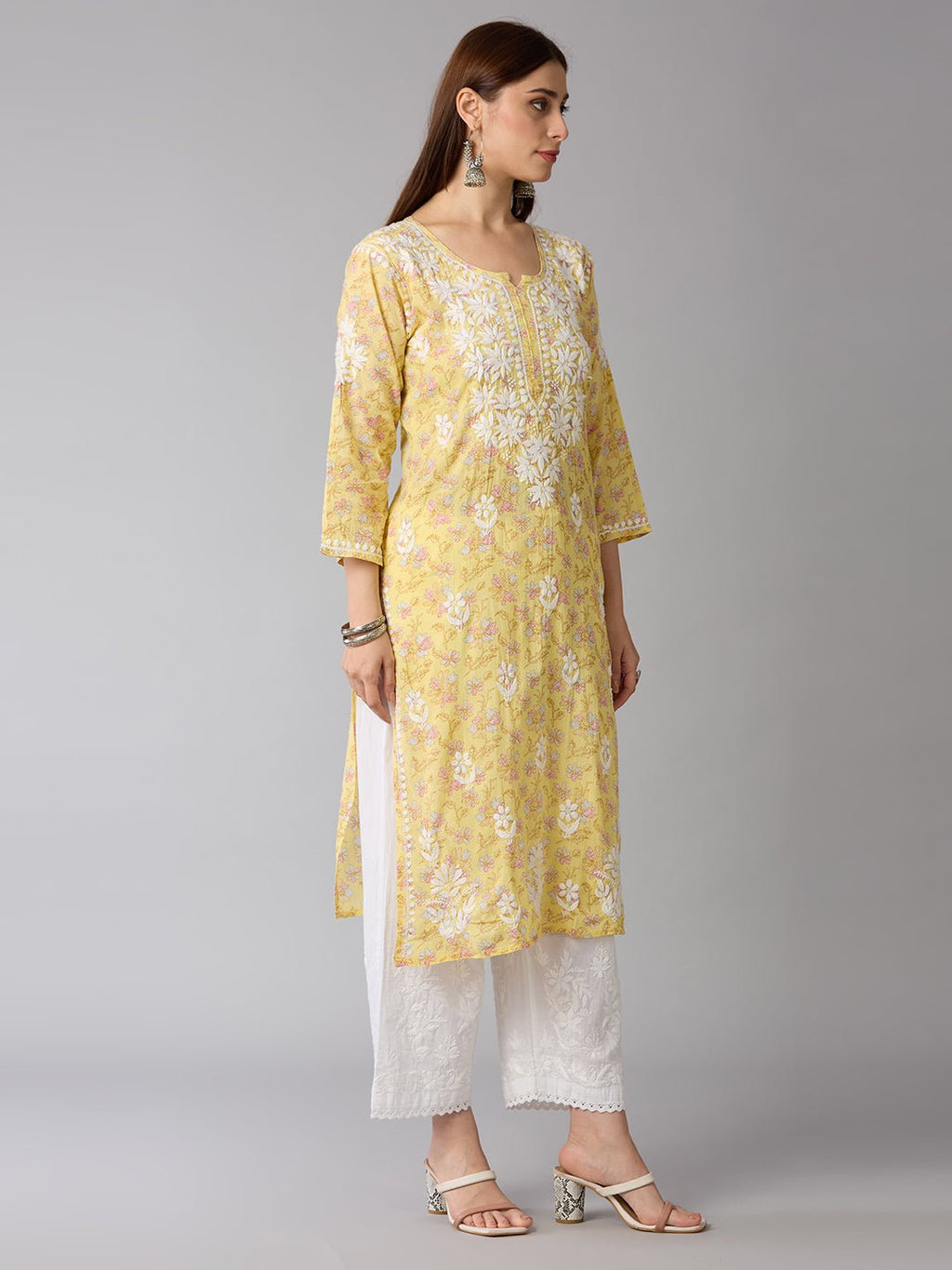 Lucknow Chikankari Hand Embroidered Long Kurta Mulmul Cotton - Indiankala4u