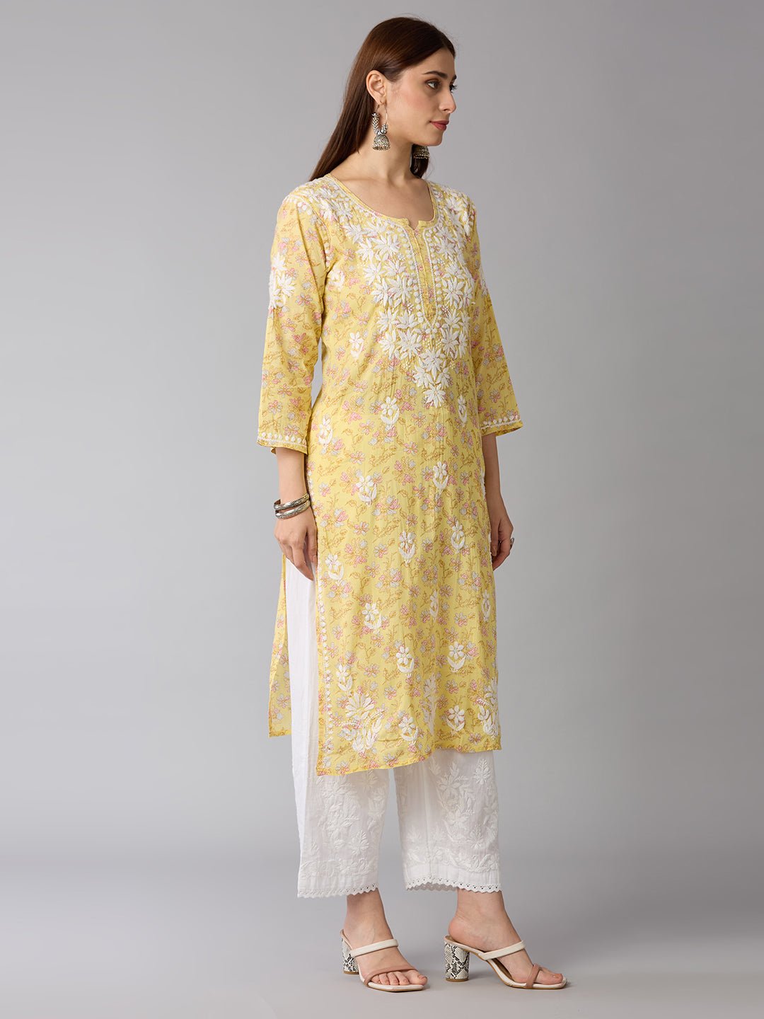 Lucknow Chikankari Hand Embroidered Long Kurta Mulmul Cotton - Indiankala4u
