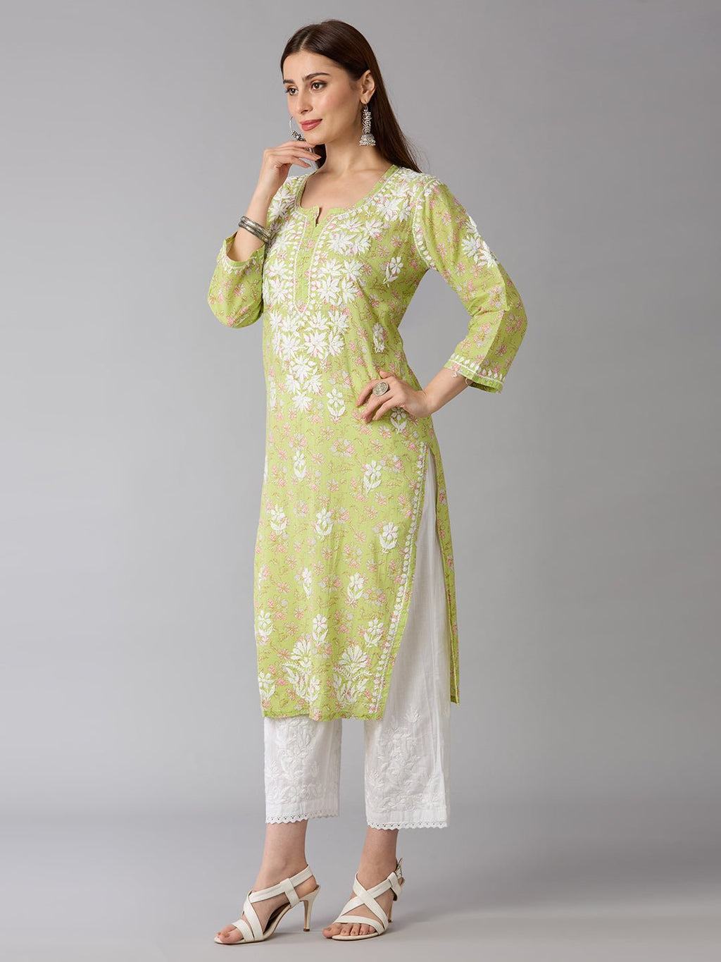 Lucknow Chikankari Hand Embroidered Long Kurta Mulmul Cotton - Indiankala4u